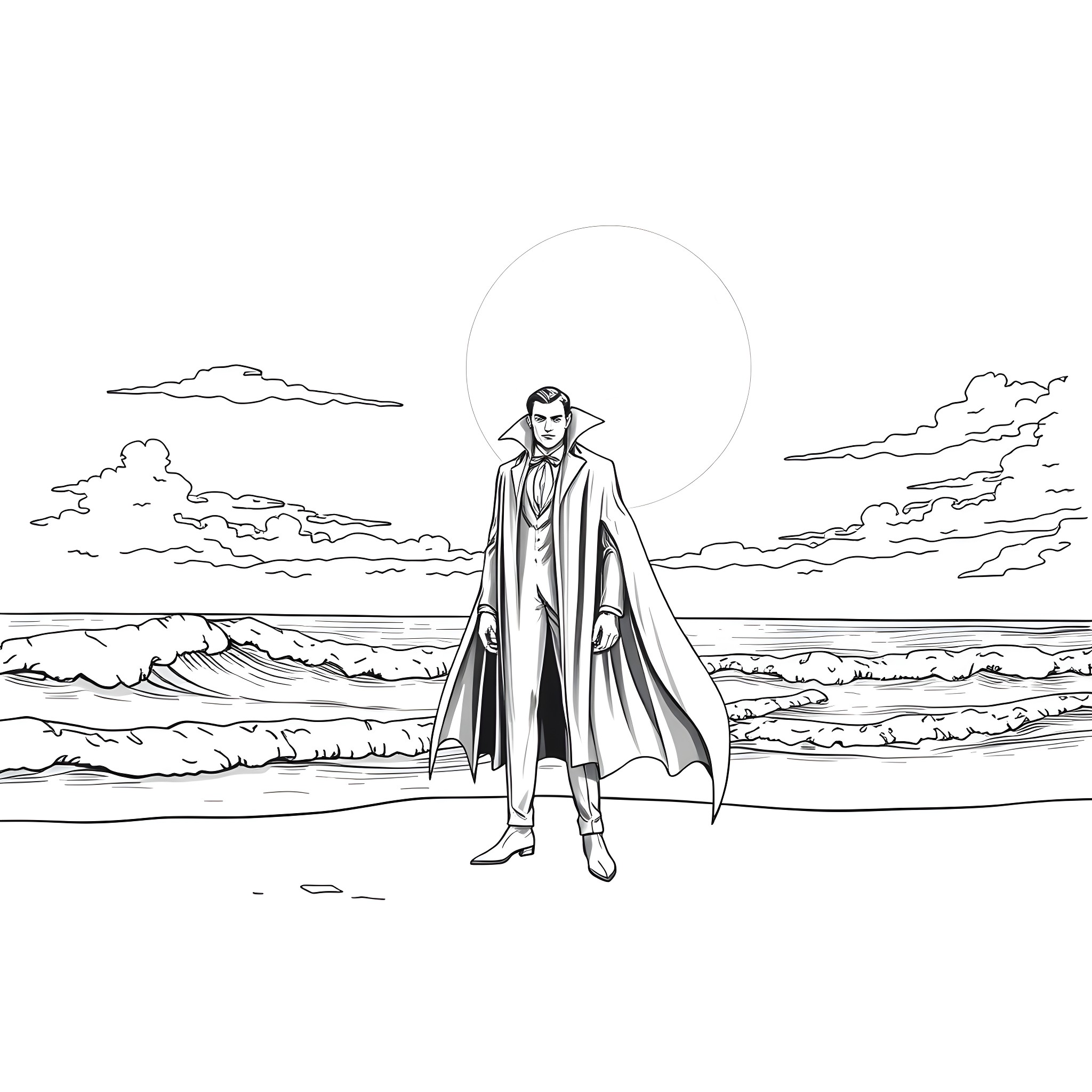 Dracula by the Moonlit Sea Coloring Page (free black-and-white line drawing printable PDF for all, from beginners to advanced learners, including children, teens, adults, and seniors)