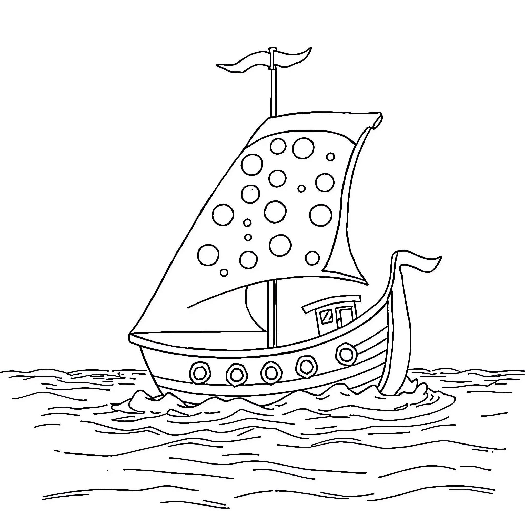 Pizza-Themed Sailboat Sailing on the Waves Coloring Page (free black-and-white line drawing printable PDF for all, from beginners to advanced learners, including children, teens, adults, and seniors)