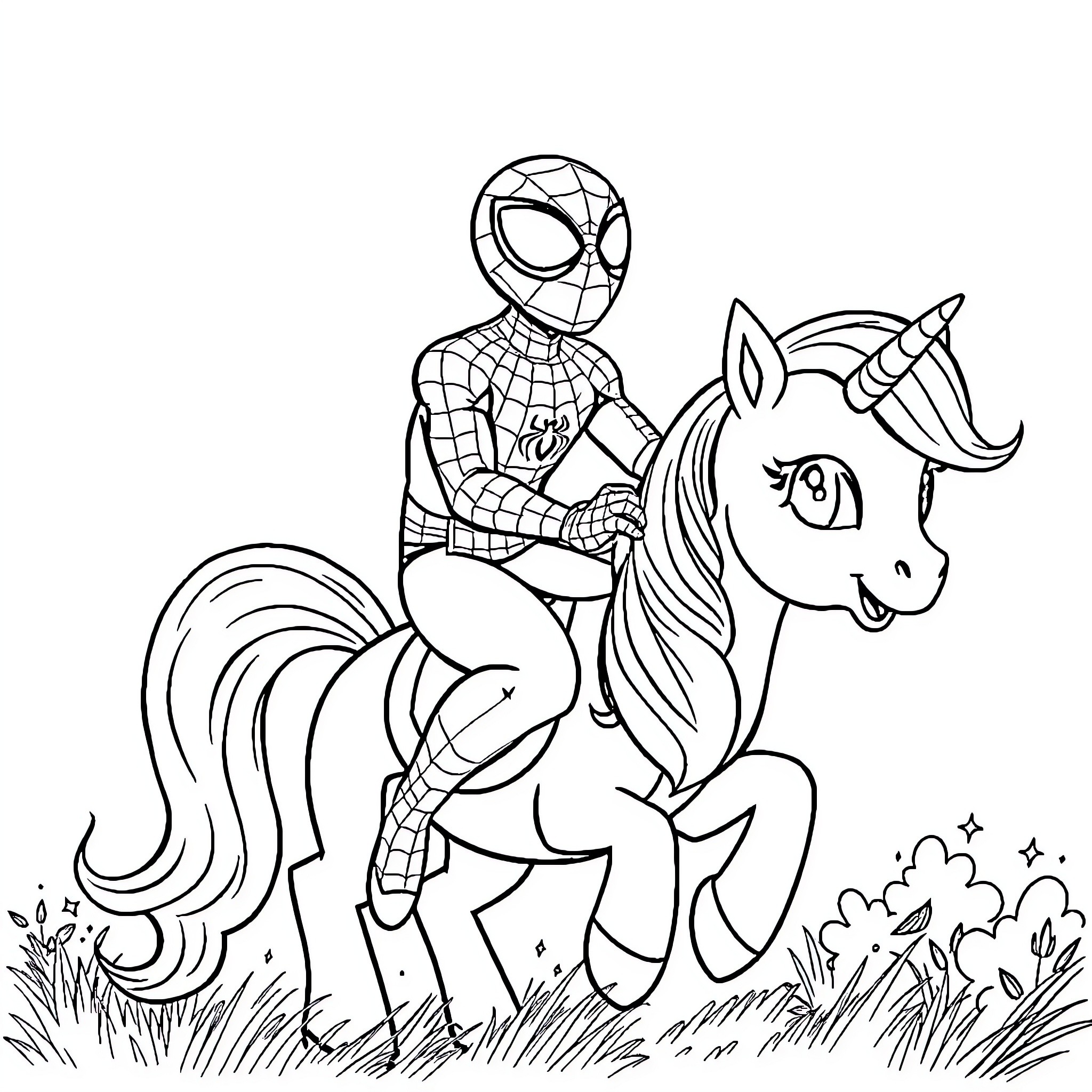 Spider-Man riding a magical unicorn in the meadow Coloring Page (free black-and-white line drawing printable PDF for all, from beginners to advanced learners, including children, teens, adults, and seniors)