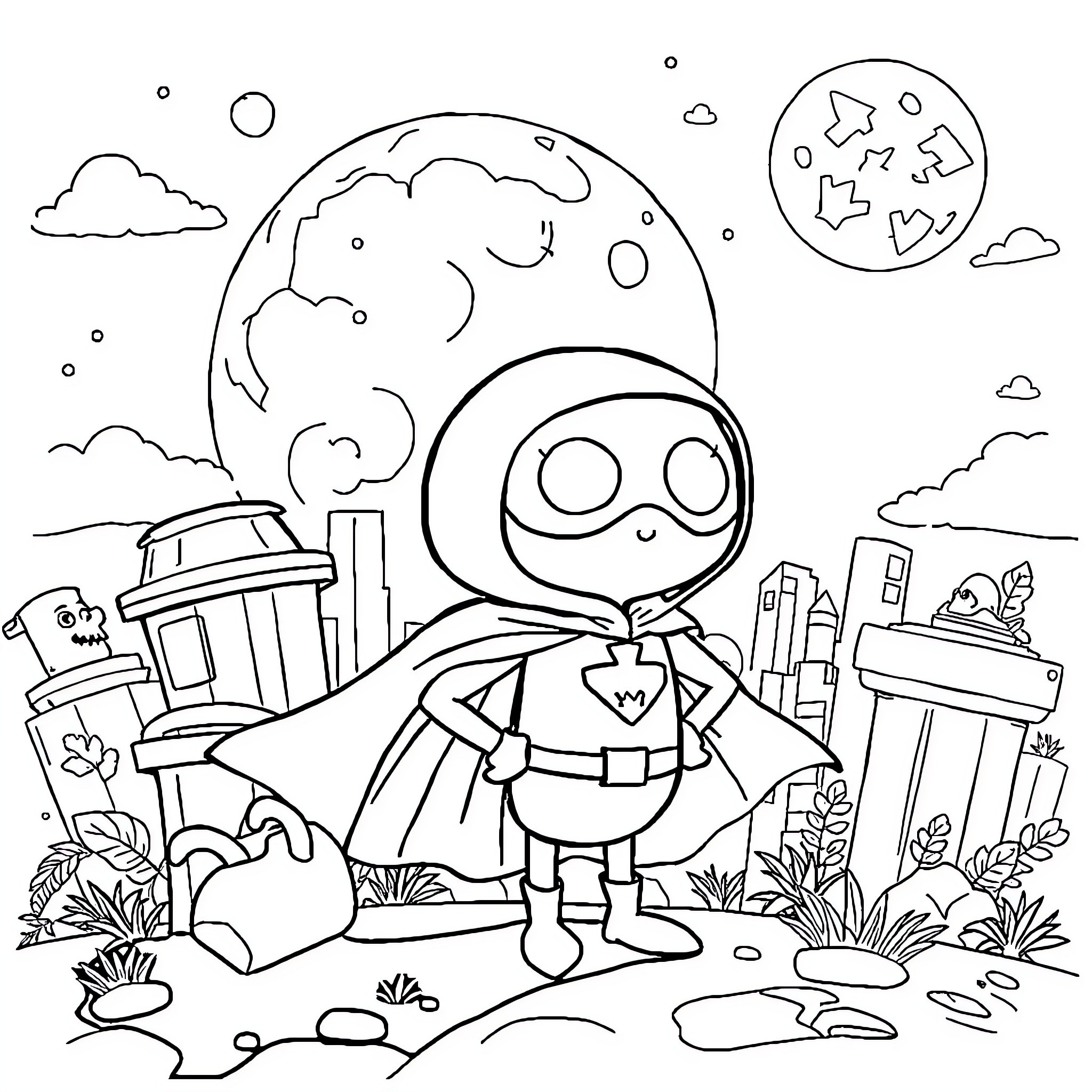 Trash Can Hero Saving the Planet Coloring Page (free black-and-white line drawing printable PDF for all, from beginners to advanced learners, including children, teens, adults, and seniors)