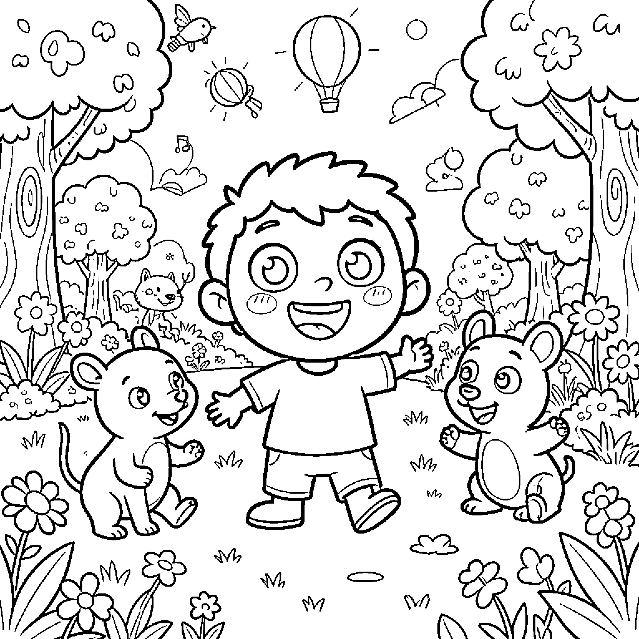 Pocoyo explores the whimsical forest with animal friends Coloring Page (free black-and-white line drawing printable PDF for all, from beginners to advanced learners, including children, teens, adults, and seniors)