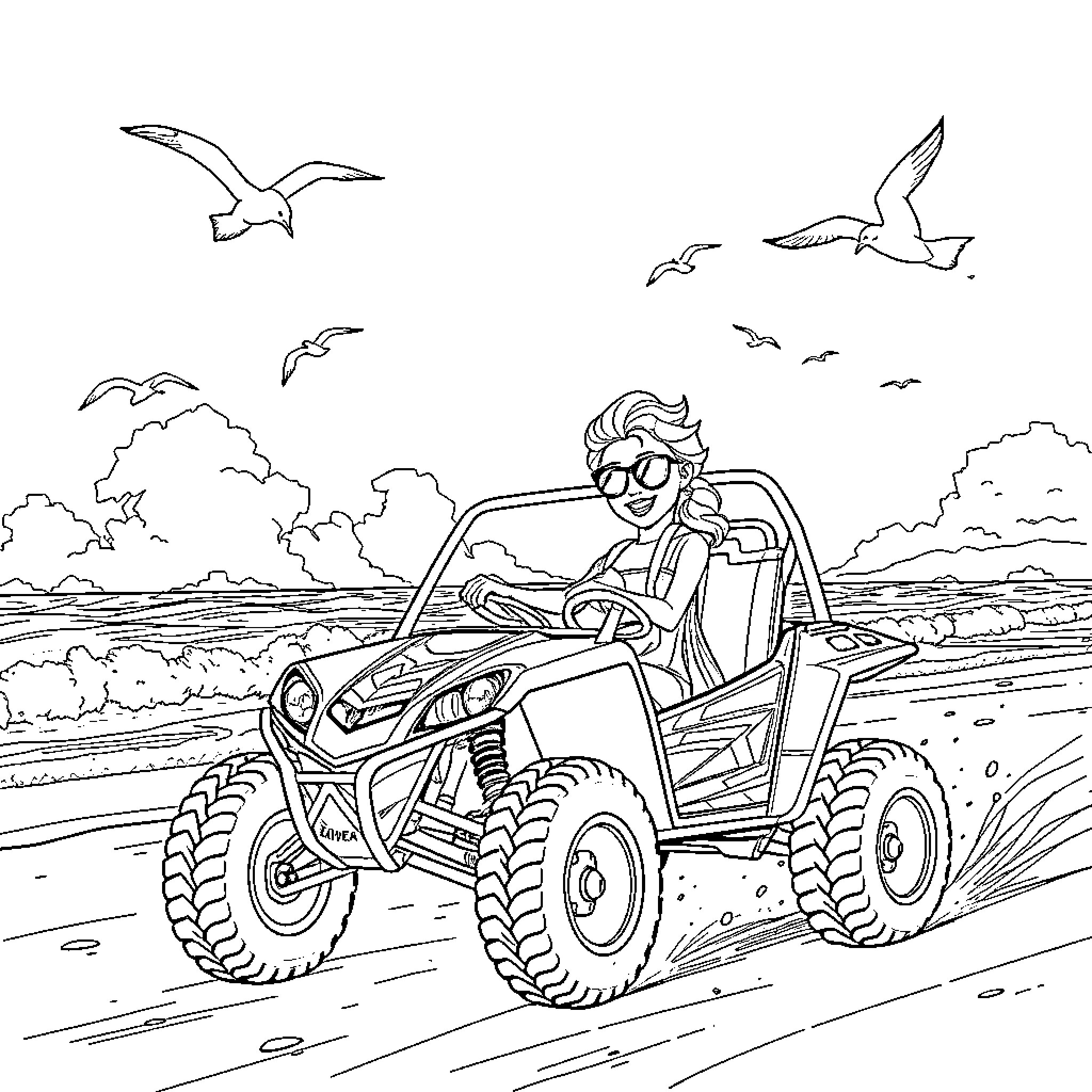 Elsa's Adventure in the Dunes with a Buggy Coloring Page (free black-and-white line drawing printable PDF for all, from beginners to advanced learners, including children, teens, adults, and seniors)