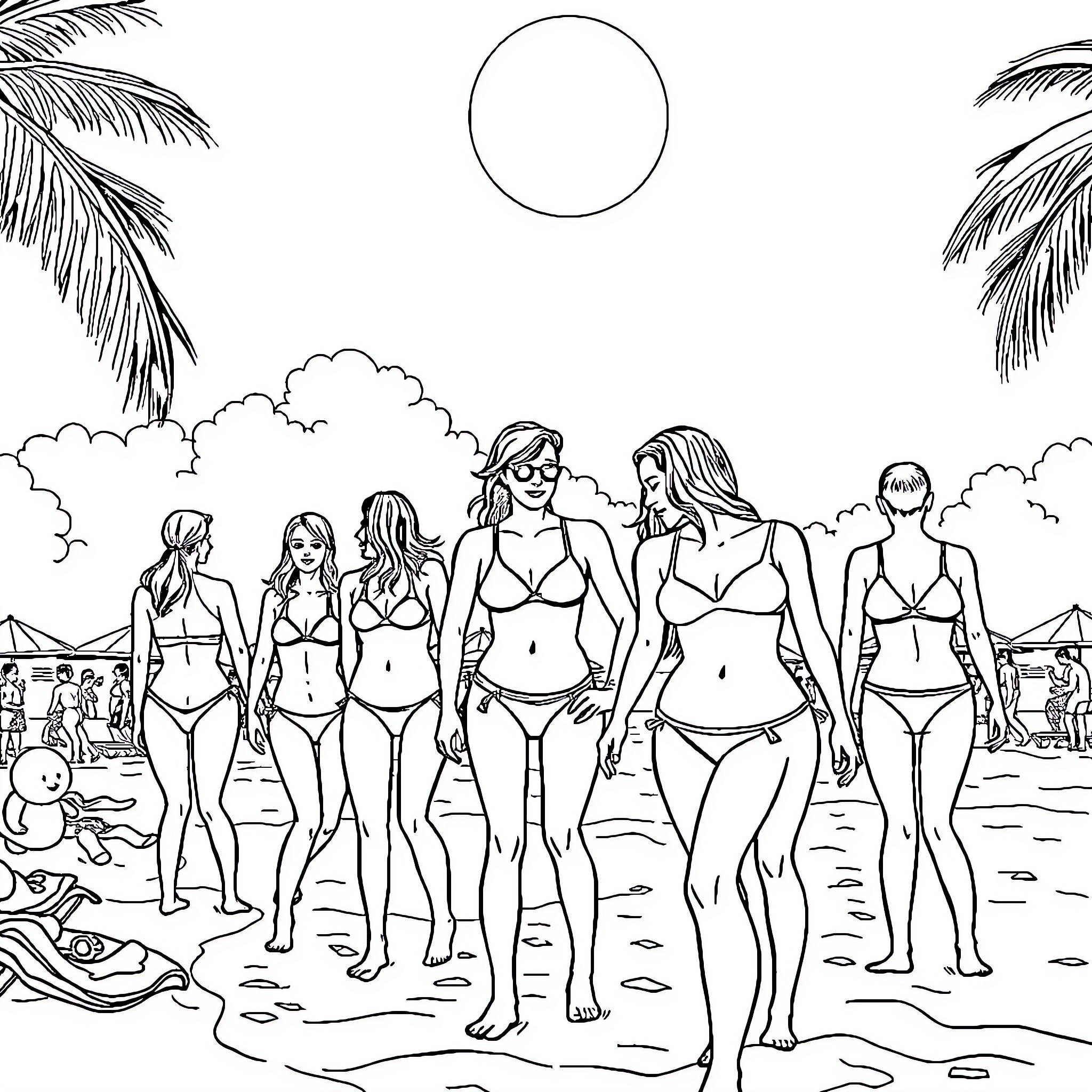 Bikini-clad women enjoying a beach day Coloring Page (free black-and-white line drawing printable PDF for all, from beginners to advanced learners, including children, teens, adults, and seniors)