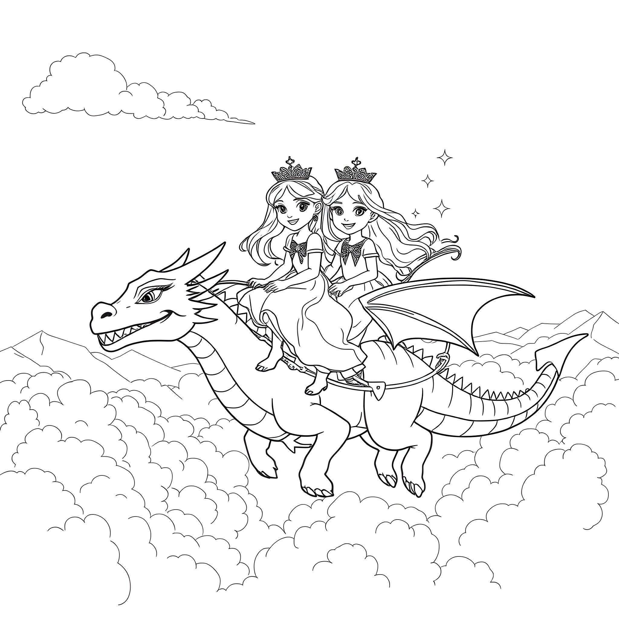 Princess sisters riding a mythical dragon Coloring Page (free black-and-white line drawing printable PDF for all, from beginners to advanced learners, including children, teens, adults, and seniors)
