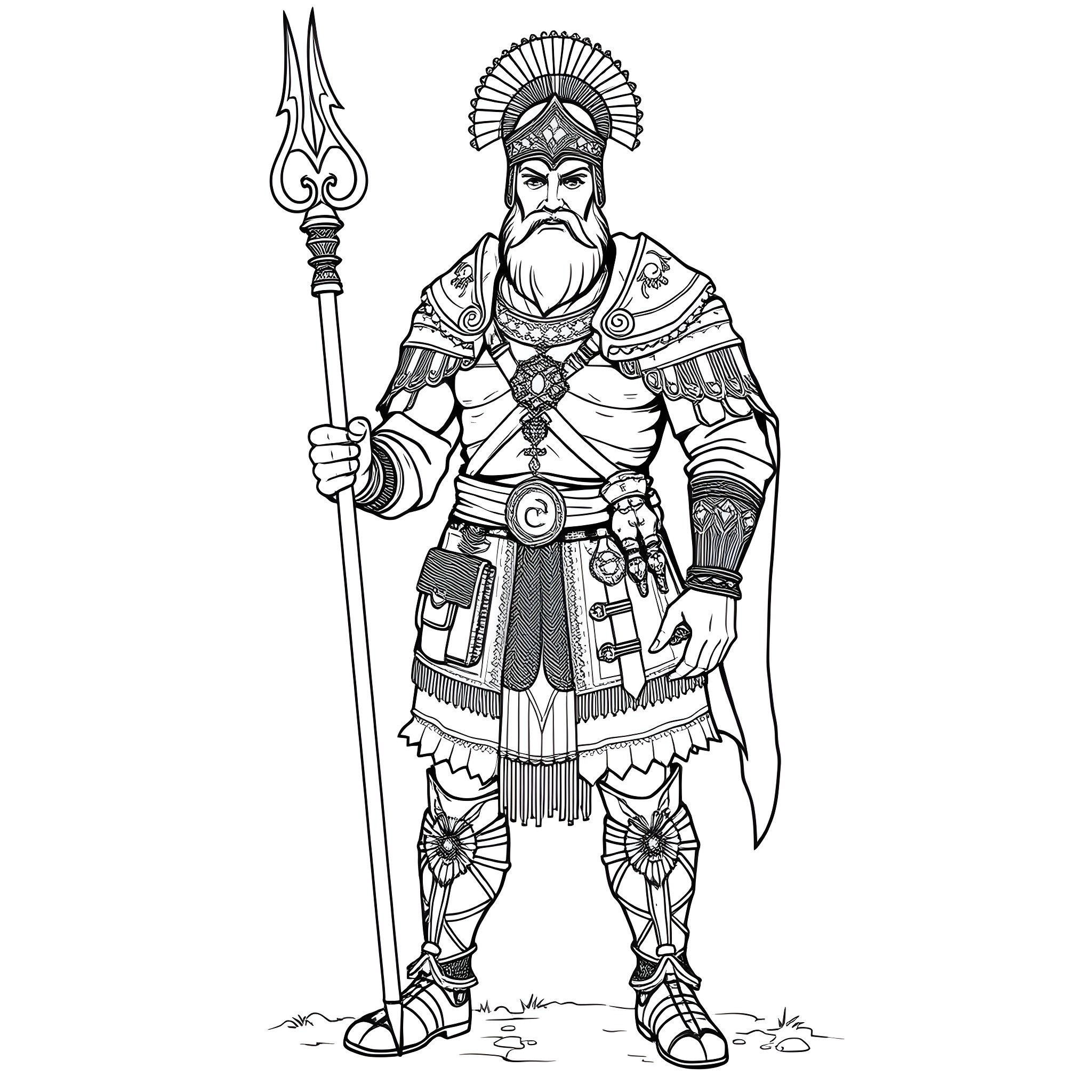 Warrior with Ornate Attire and Majestic Headdress Coloring Page (free black-and-white line drawing printable PDF for all, from beginners to advanced learners, including children, teens, adults, and seniors)