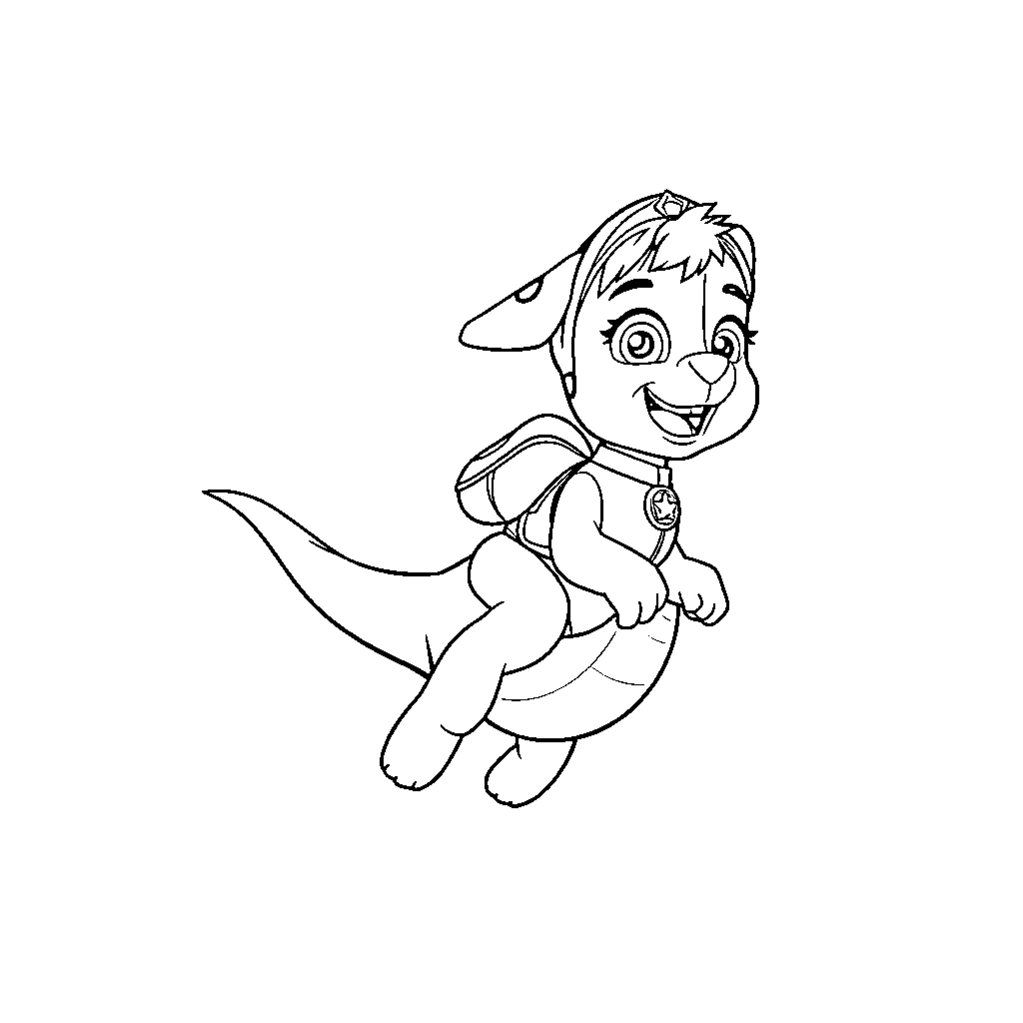 Skye the pup happily exploring Coloring Page (free black-and-white line drawing printable PDF for all, from beginners to advanced learners, including children, teens, adults, and seniors)