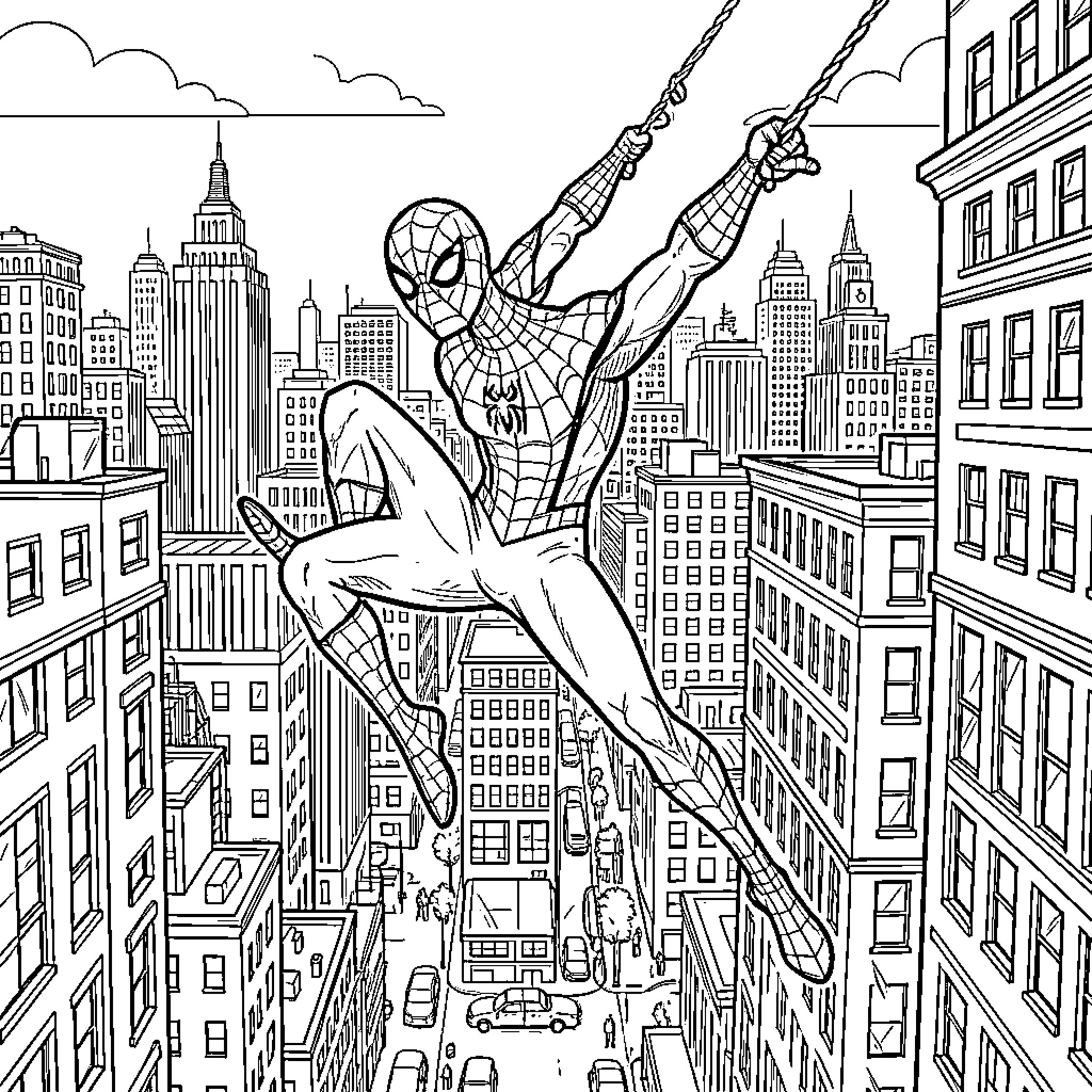 Spider-Man swinging through a dense city landscape Coloring Page (free black-and-white line drawing printable PDF for all, from beginners to advanced learners, including children, teens, adults, and seniors)