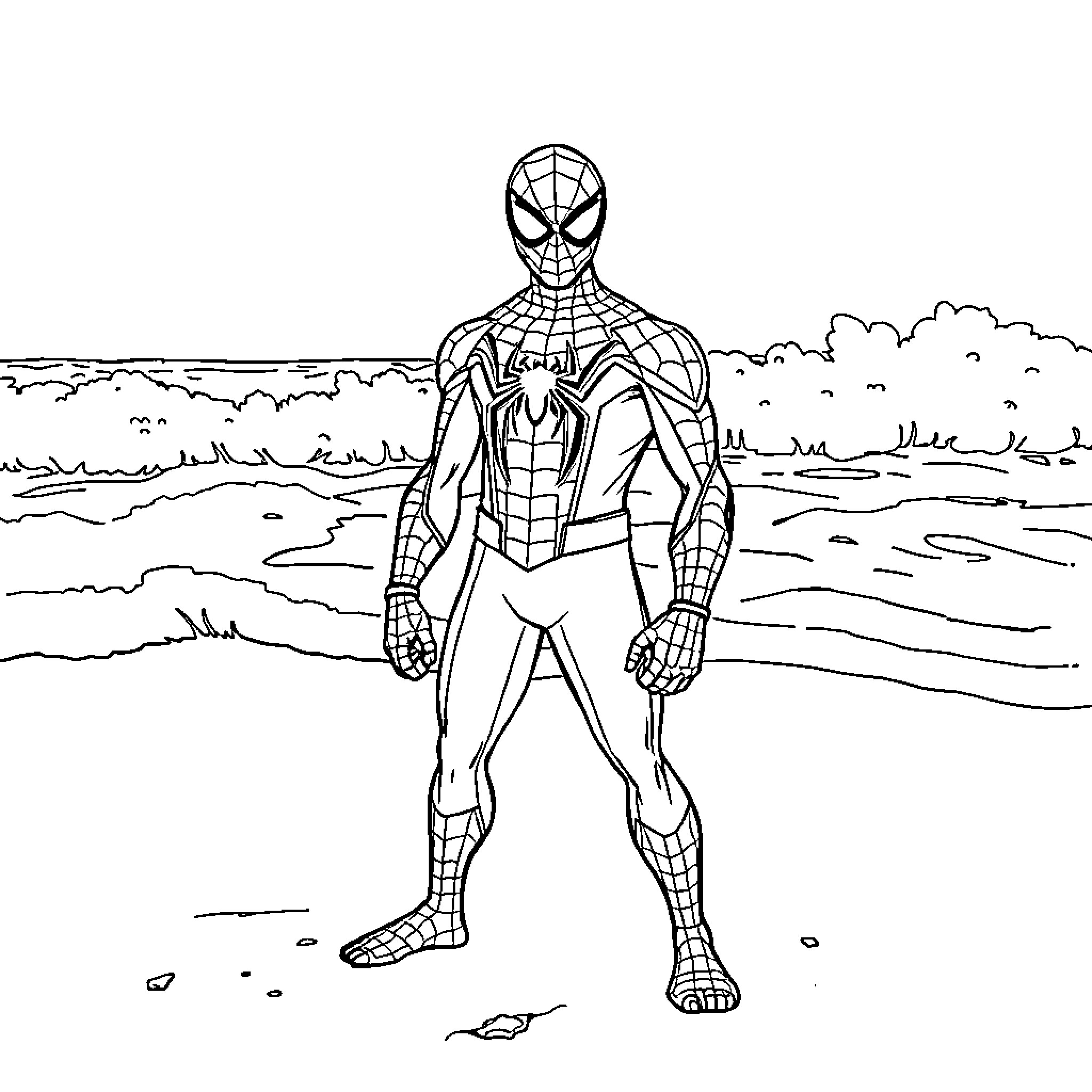 Spiderman standing heroically on a shoreline Coloring Page (free black-and-white line drawing printable PDF for all, from beginners to advanced learners, including children, teens, adults, and seniors)