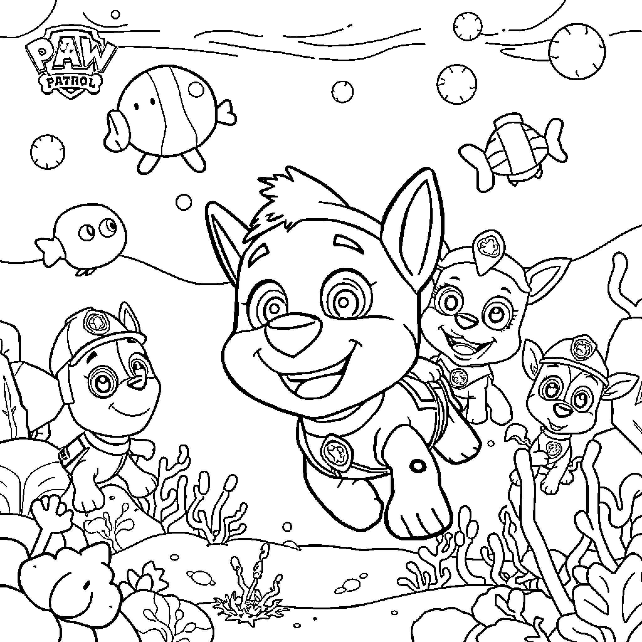 Bob esponja and paw patrol characters in underwater adventure Coloring Page (free black-and-white line drawing printable PDF for all, from beginners to advanced learners, including children, teens, adults, and seniors)