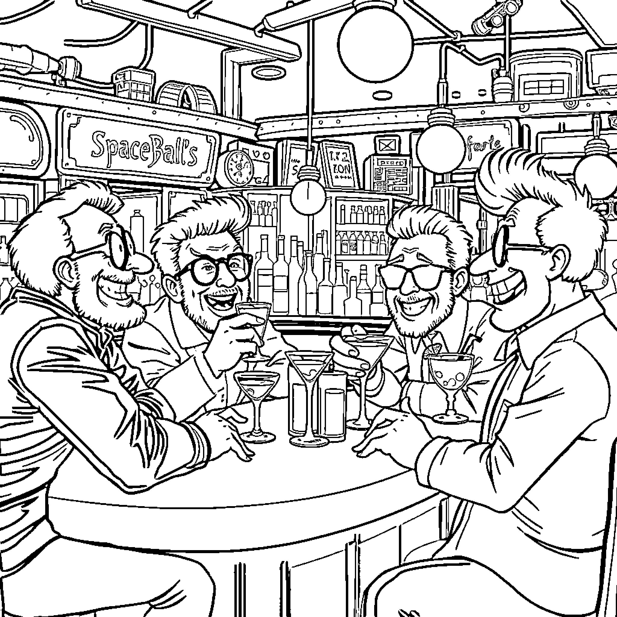 Spaceballs friends enjoying drinks at the bar Coloring Page (free black-and-white line drawing printable PDF for all, from beginners to advanced learners, including children, teens, adults, and seniors)