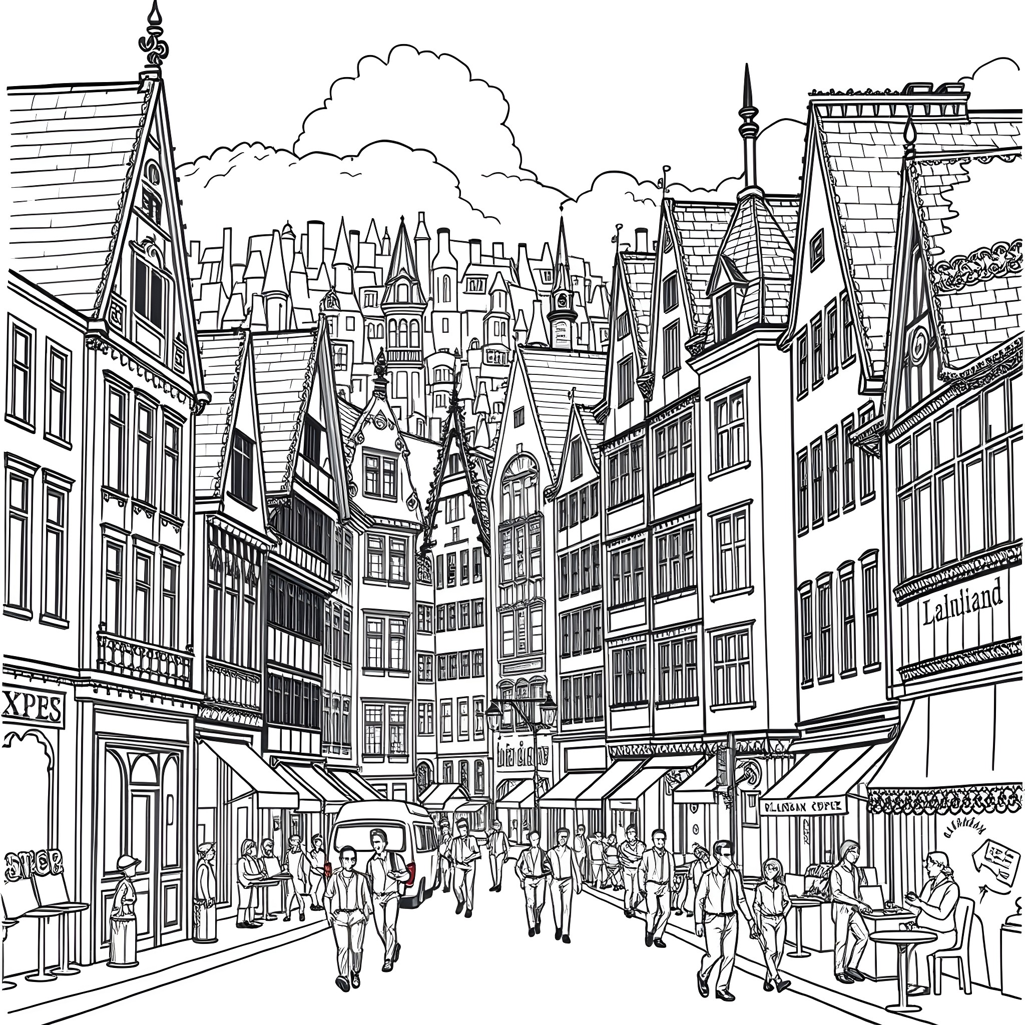 Building with People Strolling through the Old City Coloring Page (free black-and-white line drawing printable PDF for all, from beginners to advanced learners, including children, teens, adults, and seniors)