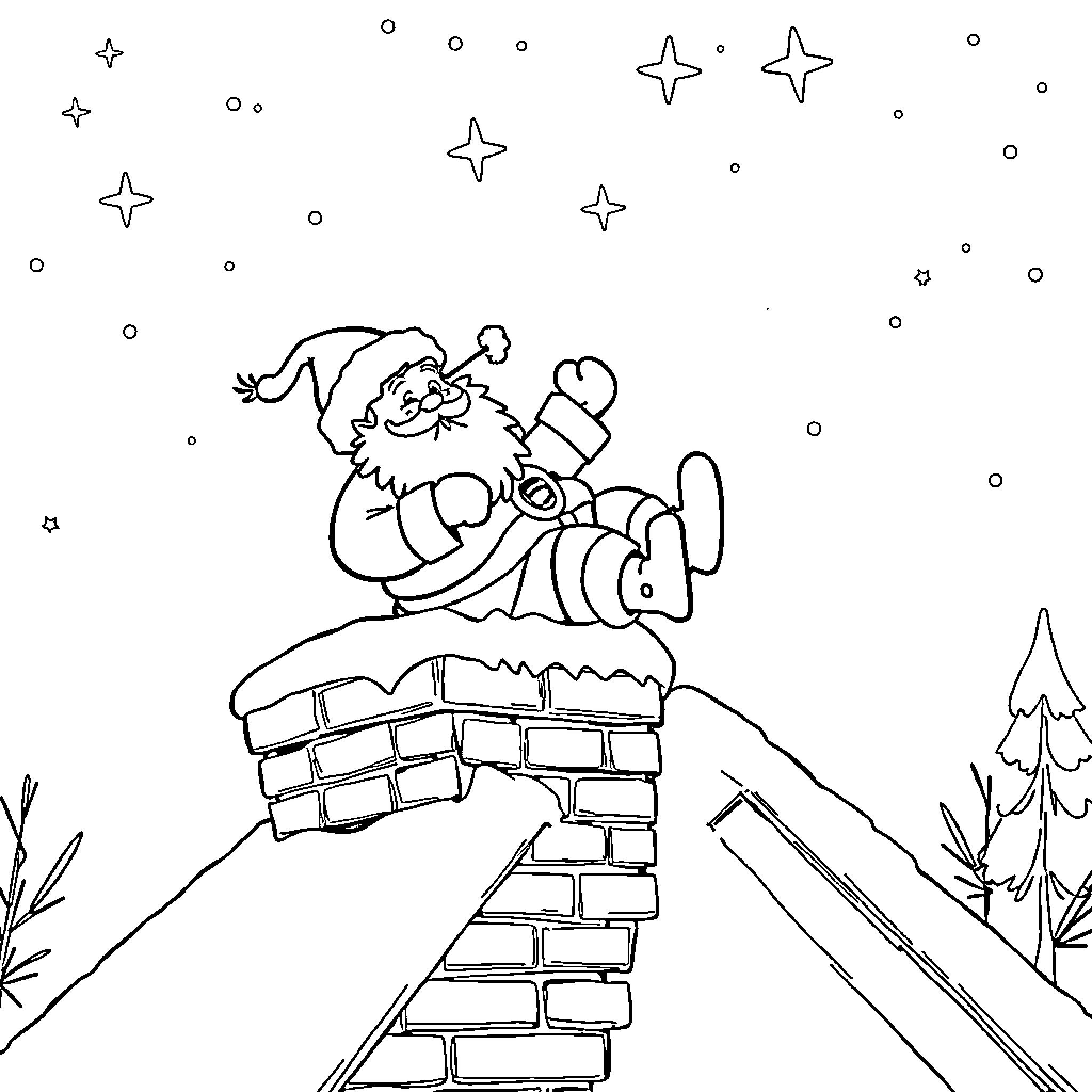 Santa Claus climbing down the chimney Coloring Page (free black-and-white line drawing printable PDF for all, from beginners to advanced learners, including children, teens, adults, and seniors)