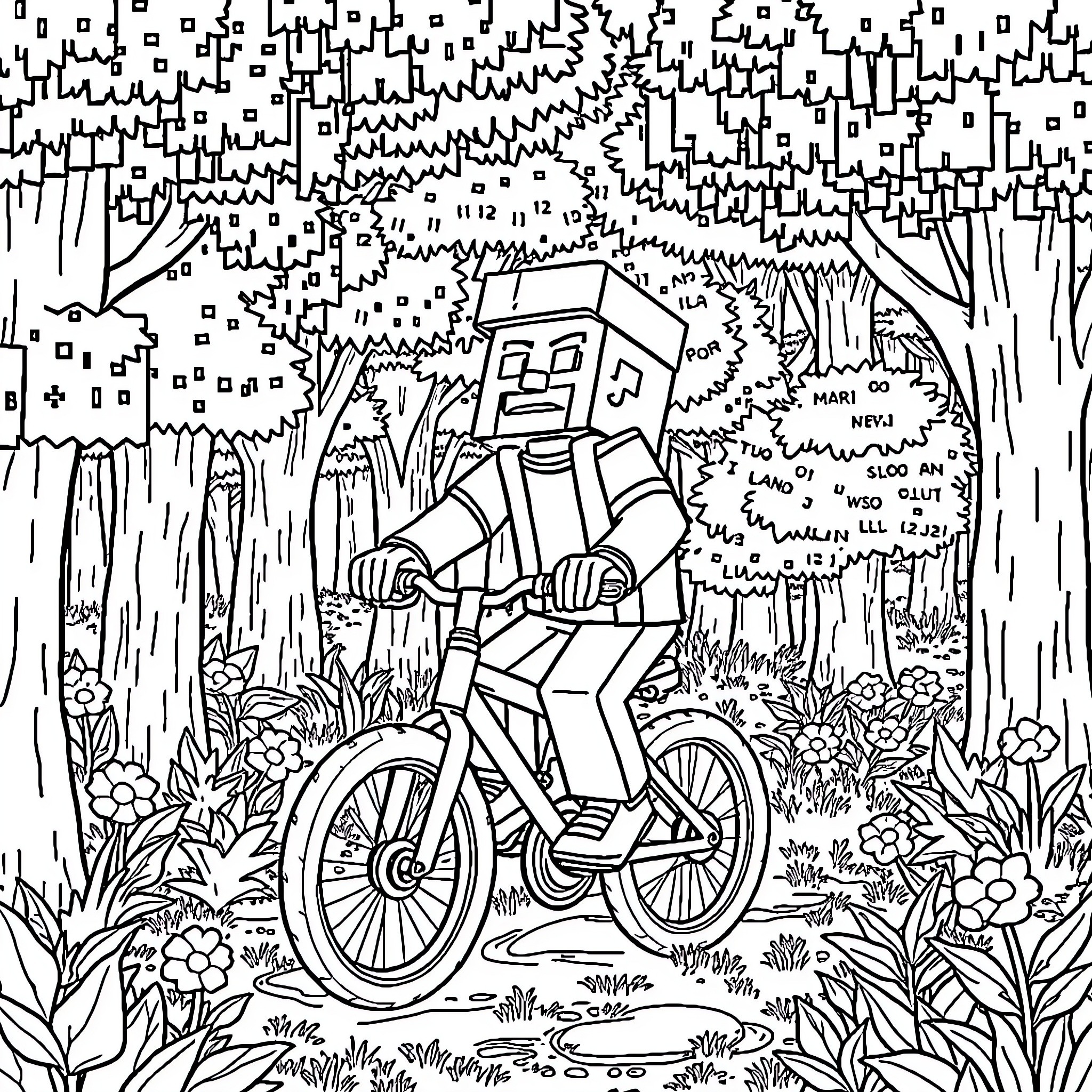 Minecraft Villager riding a bicycle through a lush forest Coloring Page (free black-and-white line drawing printable PDF for all, from beginners to advanced learners, including children, teens, adults, and seniors)