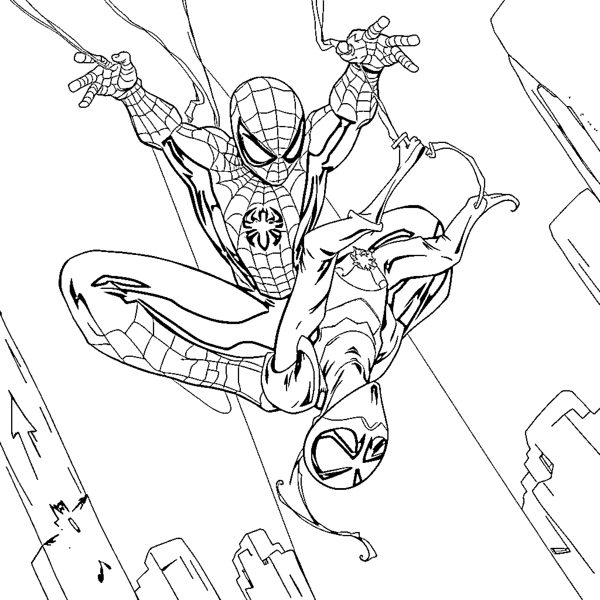 Spiderman swinging heroically through the city Coloring Page (free black-and-white line drawing printable PDF for all, from beginners to advanced learners, including children, teens, adults, and seniors)
