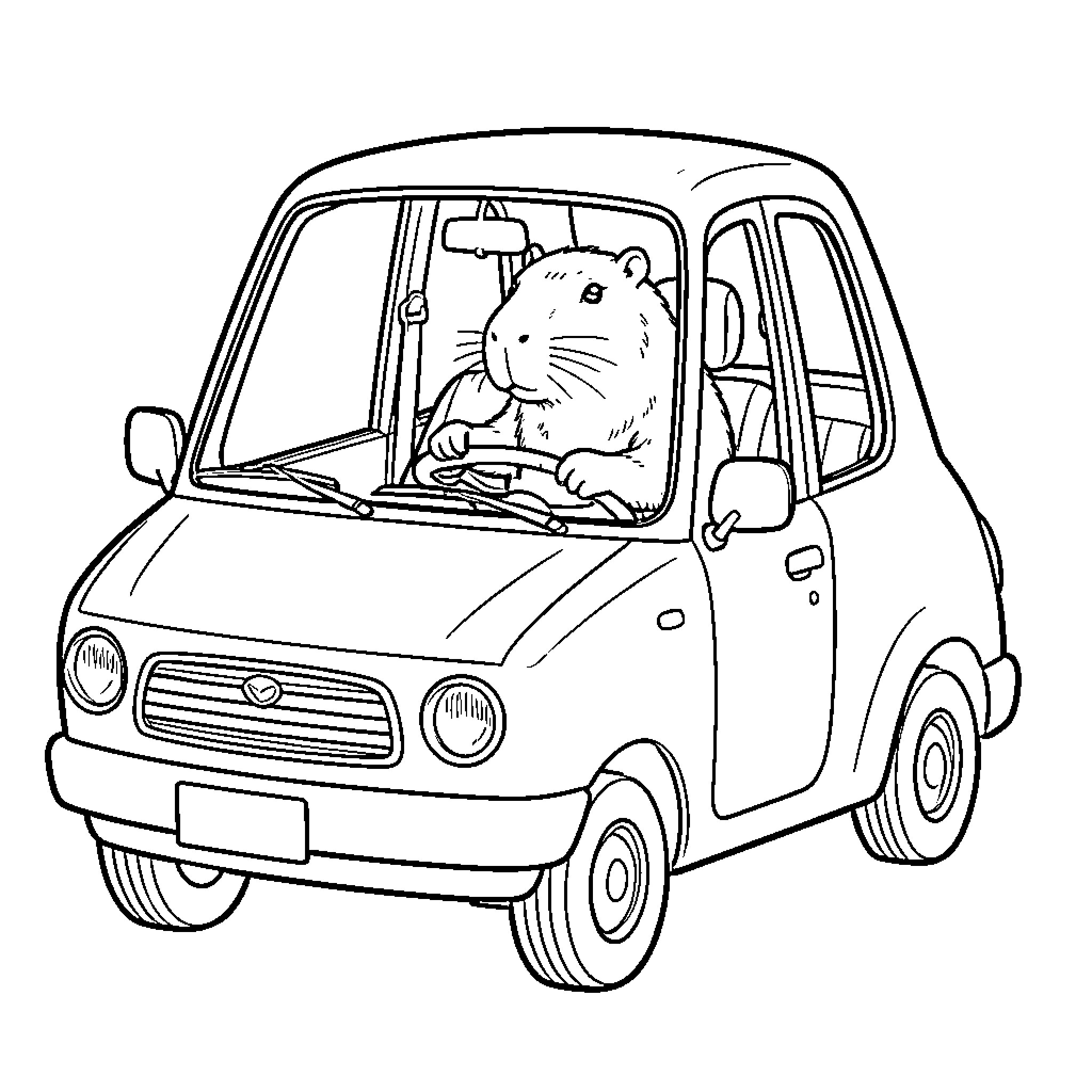 Capybara driving a small car with focus Coloring Page (free black-and-white line drawing printable PDF for all, from beginners to advanced learners, including children, teens, adults, and seniors)