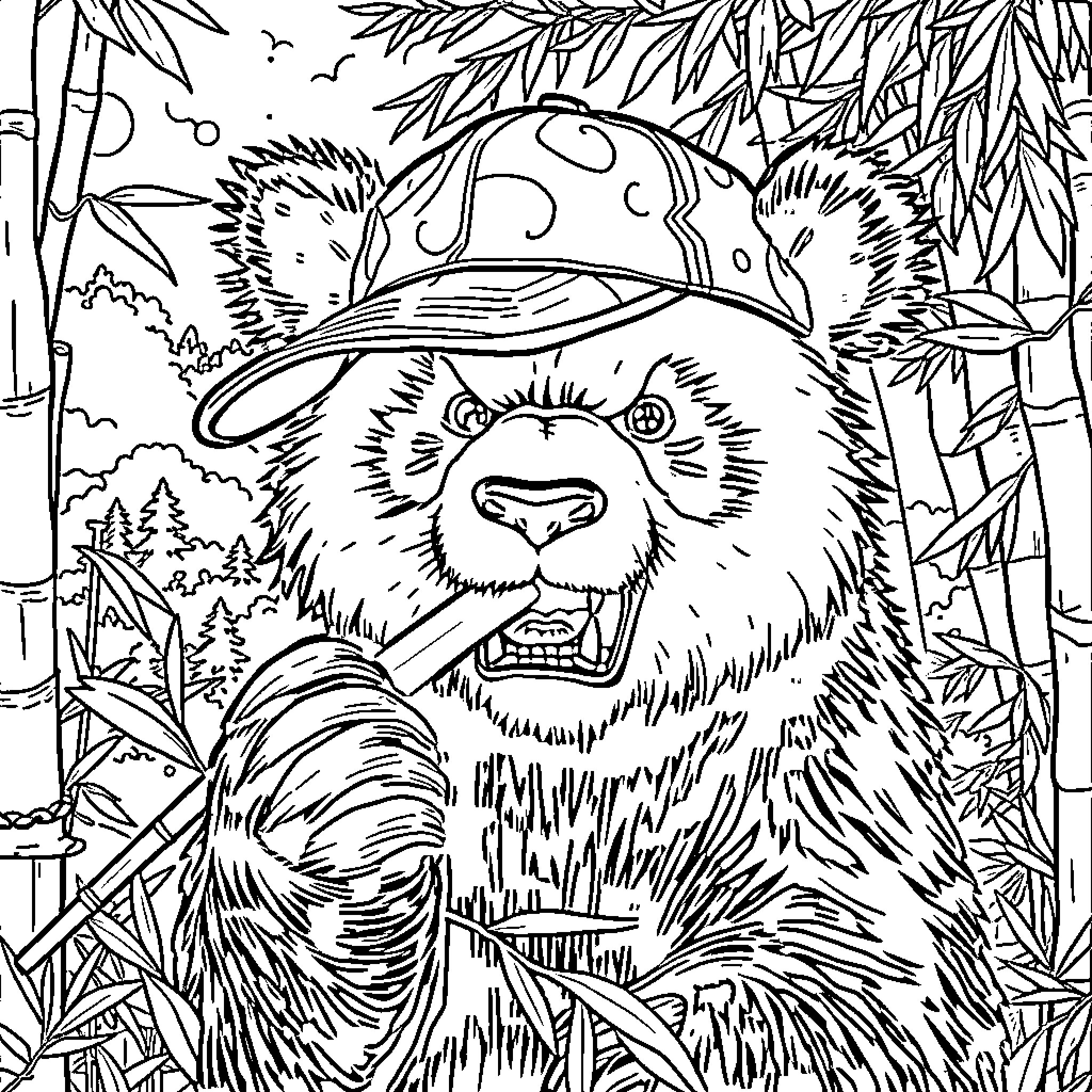 Panda wearing a hat in the forest Coloring Page (free black-and-white line drawing printable PDF for all, from beginners to advanced learners, including children, teens, adults, and seniors)