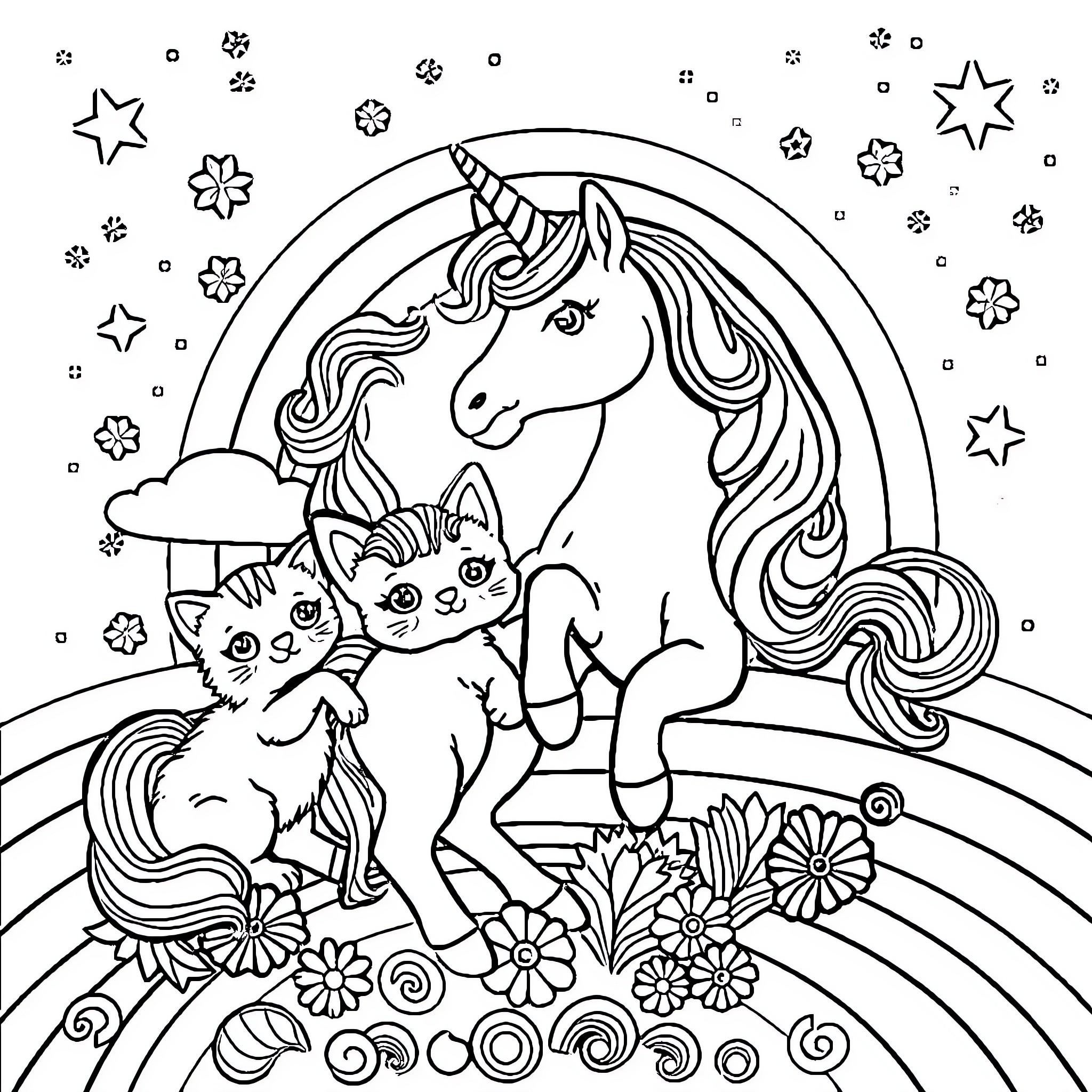 Lisa Frank Unicorn and Kittens Embracing in Whimsical Scene Coloring Page (free black-and-white line drawing printable PDF for all, from beginners to advanced learners, including children, teens, adults, and seniors)