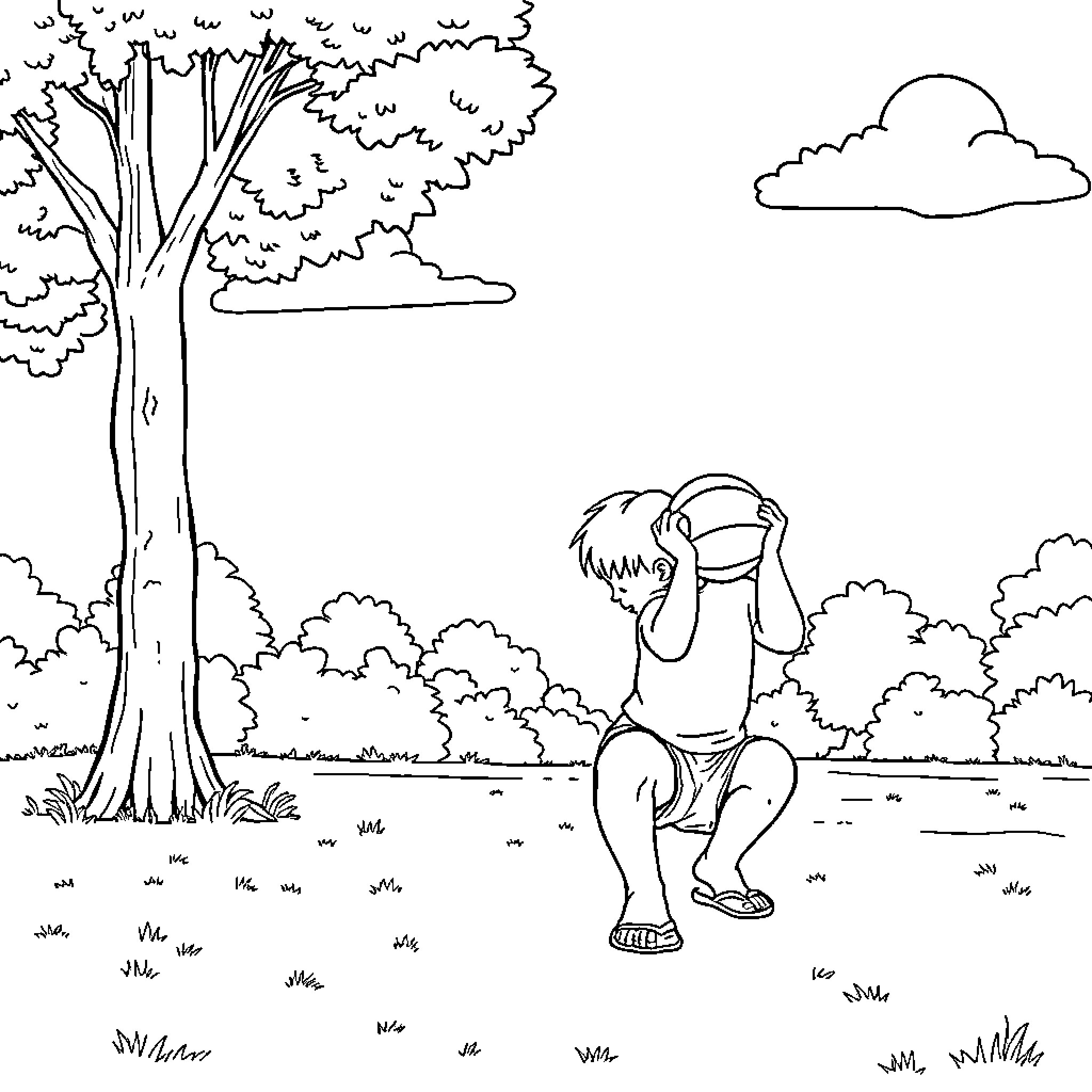 Child resting in nature's embrace Coloring Page (free black-and-white line drawing printable PDF for all, from beginners to advanced learners, including children, teens, adults, and seniors)