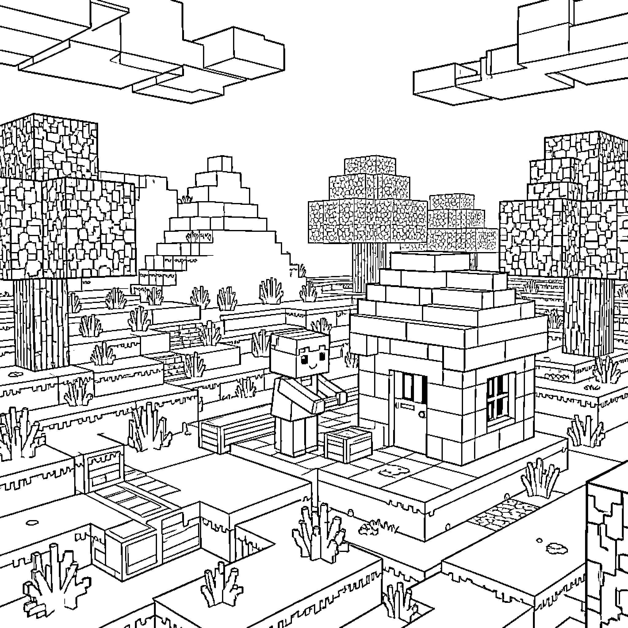 Minecraft Landscape with Geometric Structures Coloring Page (free black-and-white line drawing printable PDF for all, from beginners to advanced learners, including children, teens, adults, and seniors)