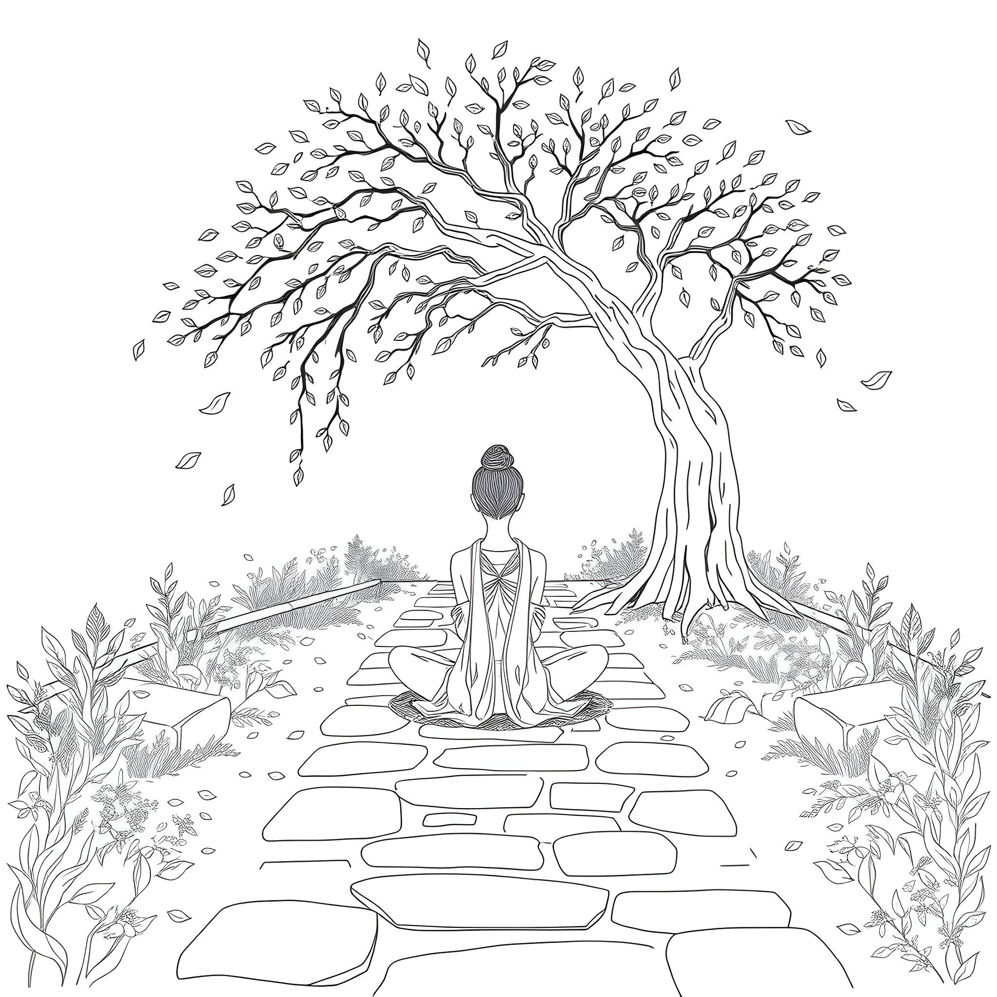 Zen Woman Meditating Under the Serene Tree Coloring Page (free black-and-white line drawing printable PDF for all, from beginners to advanced learners, including children, teens, adults, and seniors)