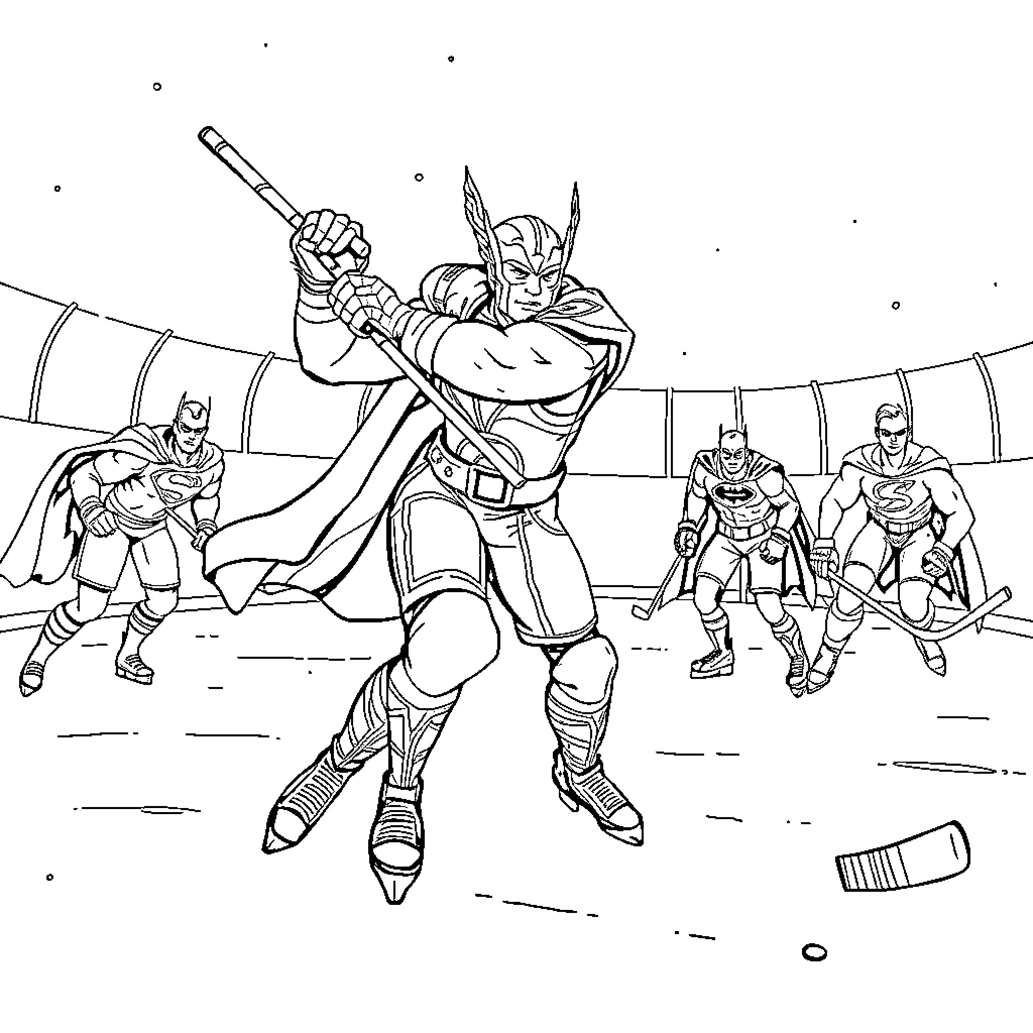 Thor leading his warrior team in action Coloring Page (free black-and-white line drawing printable PDF for all, from beginners to advanced learners, including children, teens, adults, and seniors)