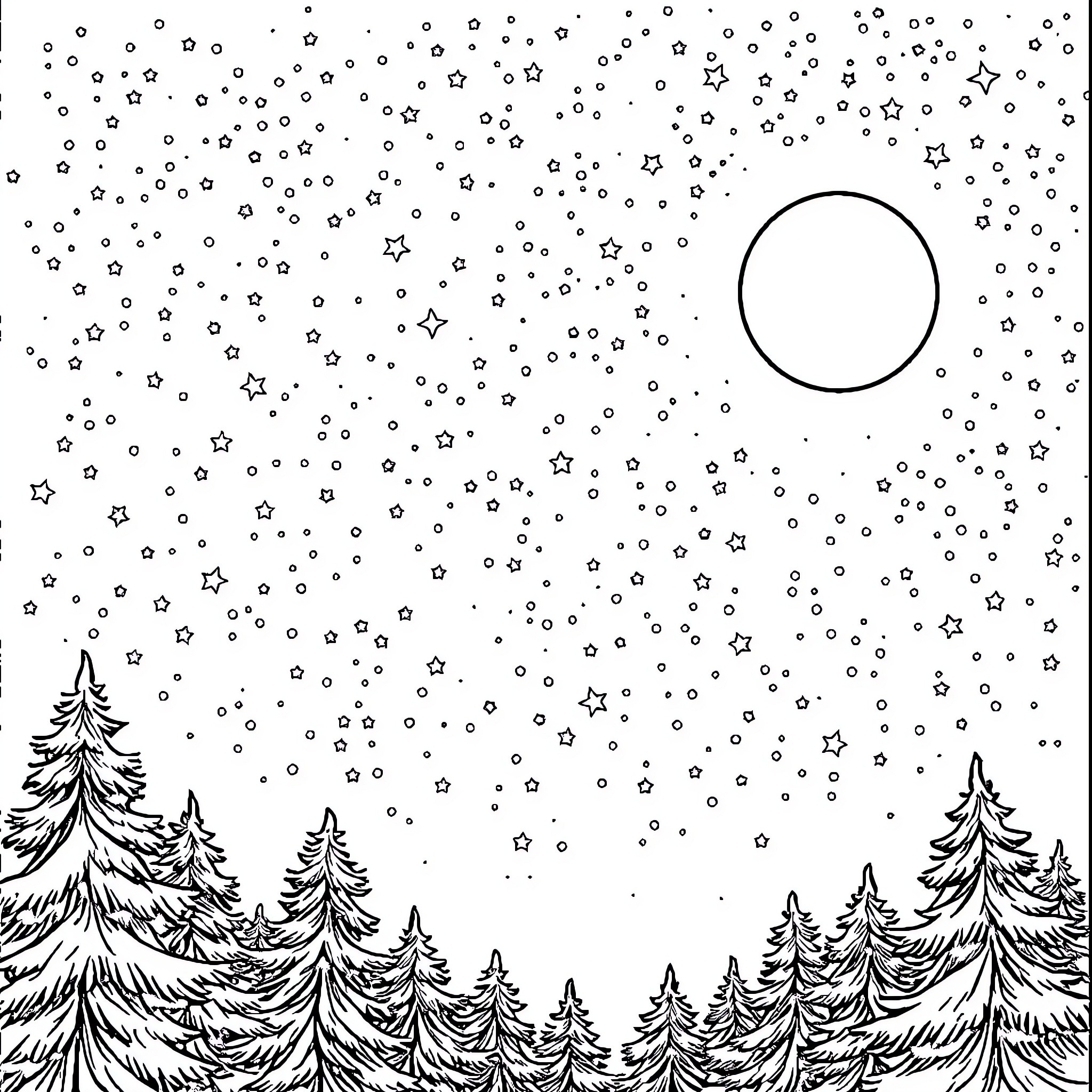 Star Filled Starry Night Over Snowy Forest Coloring Page (free black-and-white line drawing printable PDF for all, from beginners to advanced learners, including children, teens, adults, and seniors)