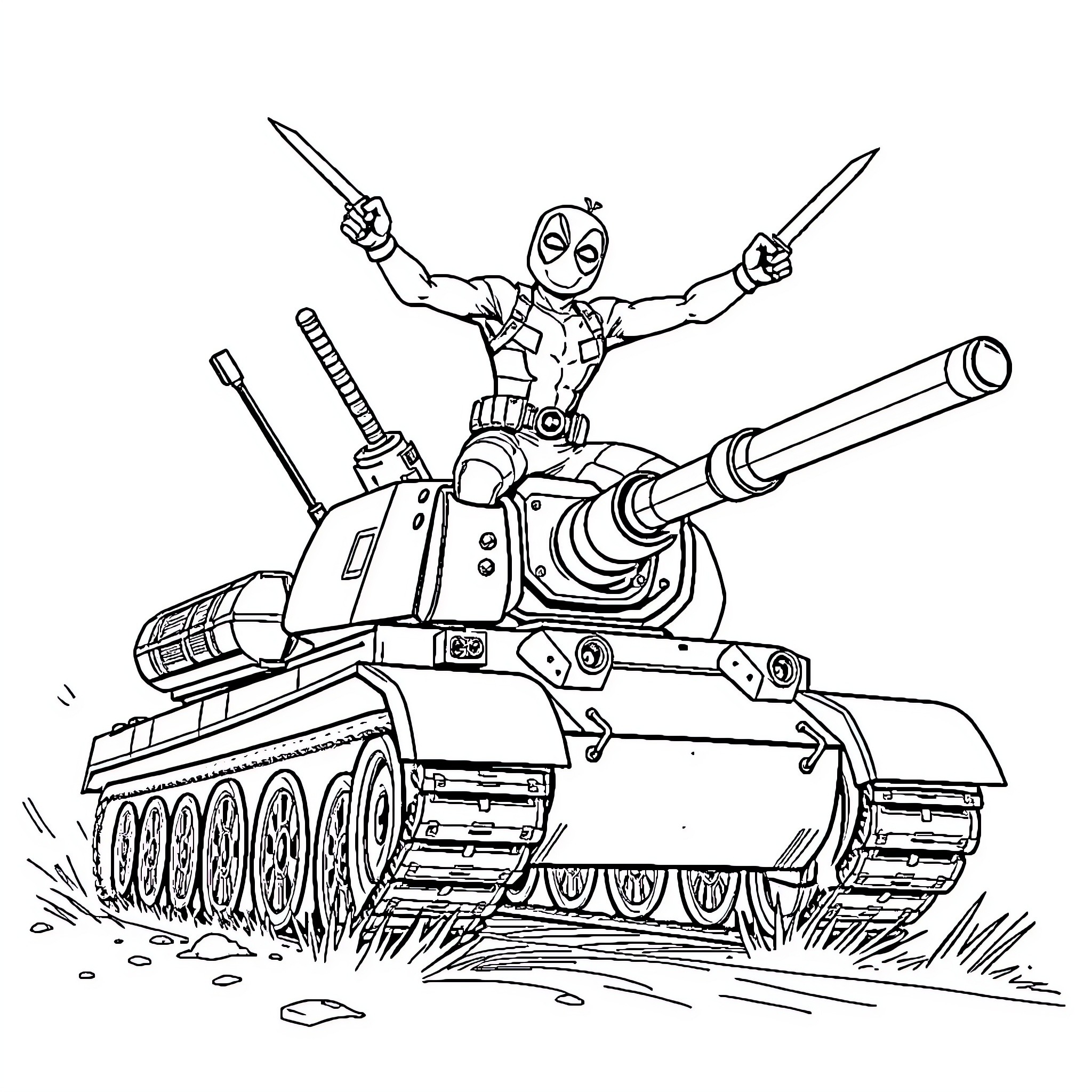 Deadpool heroically poses atop a battle tank Coloring Page (free black-and-white line drawing printable PDF for all, from beginners to advanced learners, including children, teens, adults, and seniors)