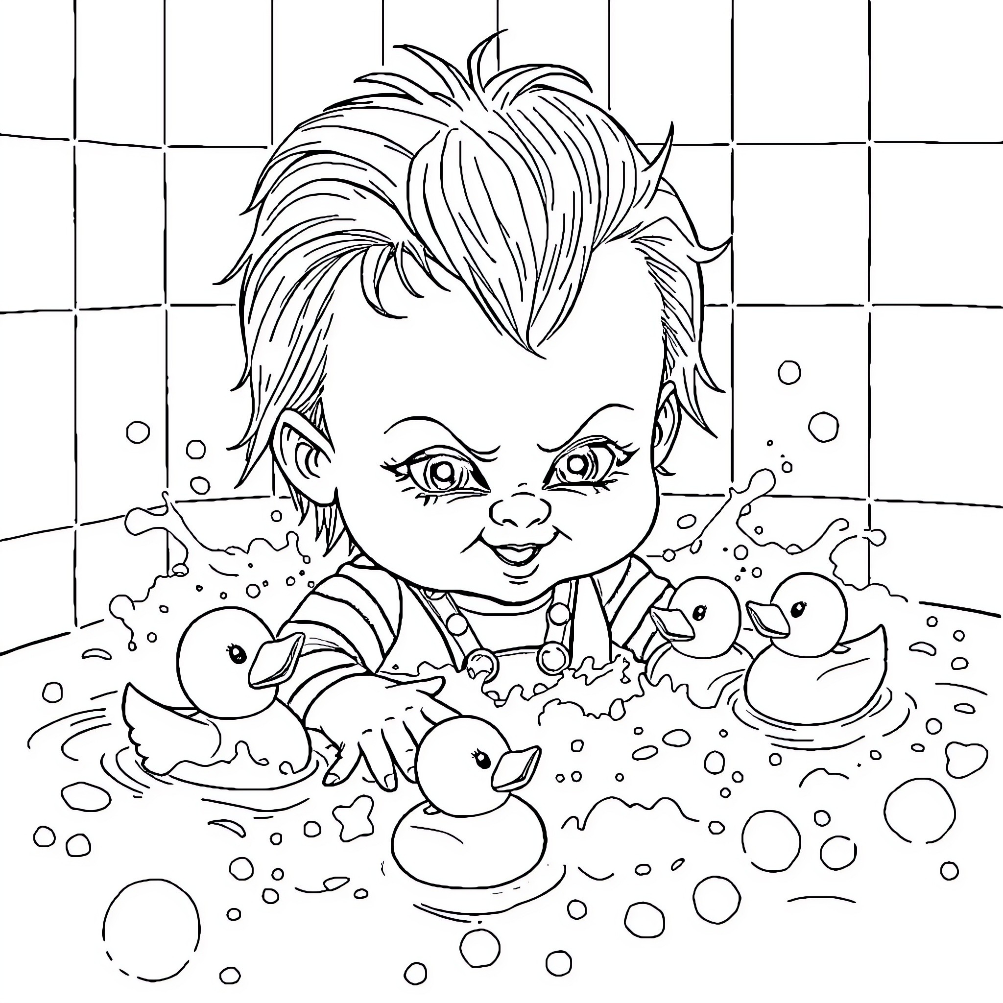Chucky playing with rubber duckies in the bathtub Coloring Page (free black-and-white line drawing printable PDF for all, from beginners to advanced learners, including children, teens, adults, and seniors)