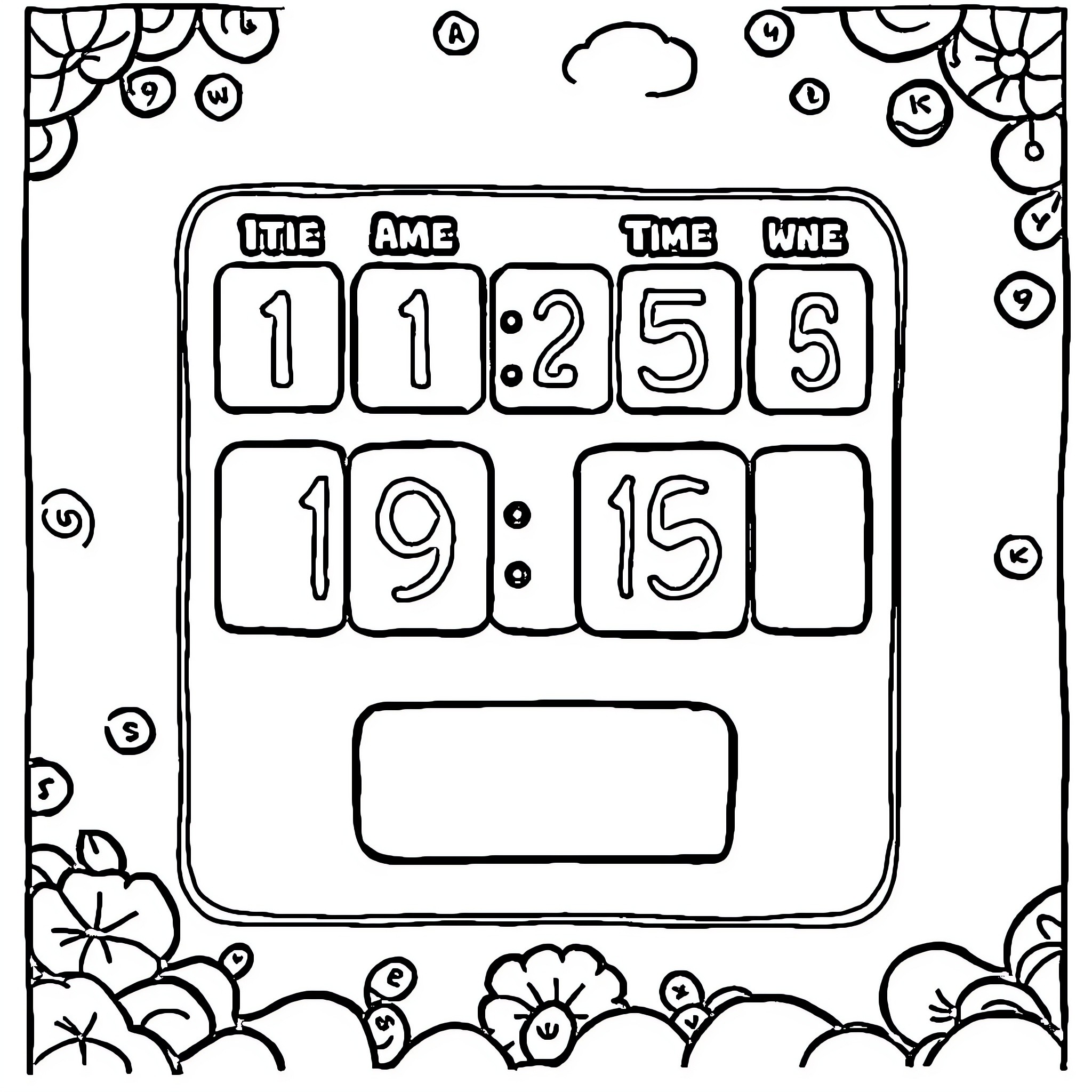 Time Table of Clocks and Floral Decorations Coloring Page (free black-and-white line drawing printable PDF for all, from beginners to advanced learners, including children, teens, adults, and seniors)