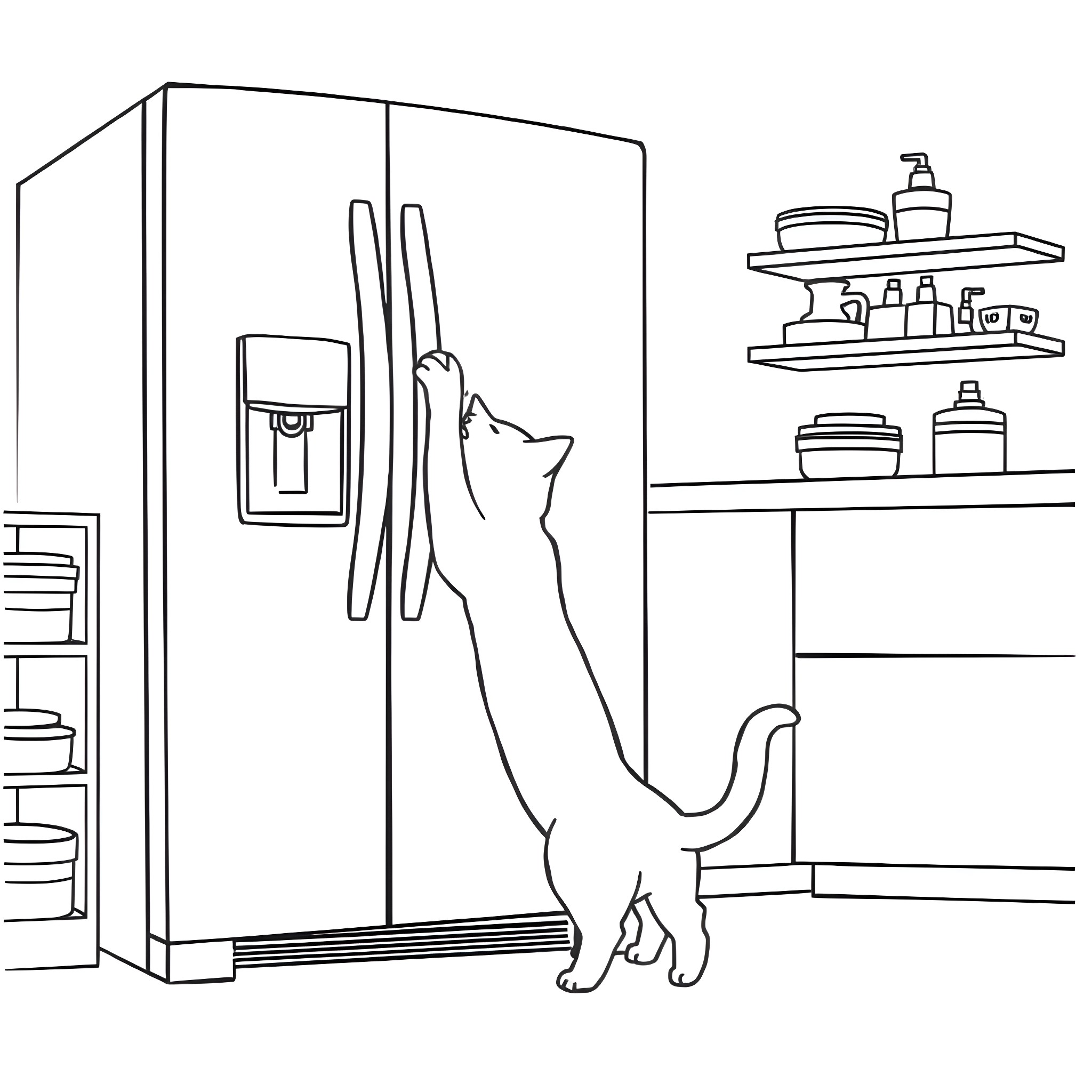 Cat exploring the kitchen near refrigerator Coloring Page (free black-and-white line drawing printable PDF for all, from beginners to advanced learners, including children, teens, adults, and seniors)