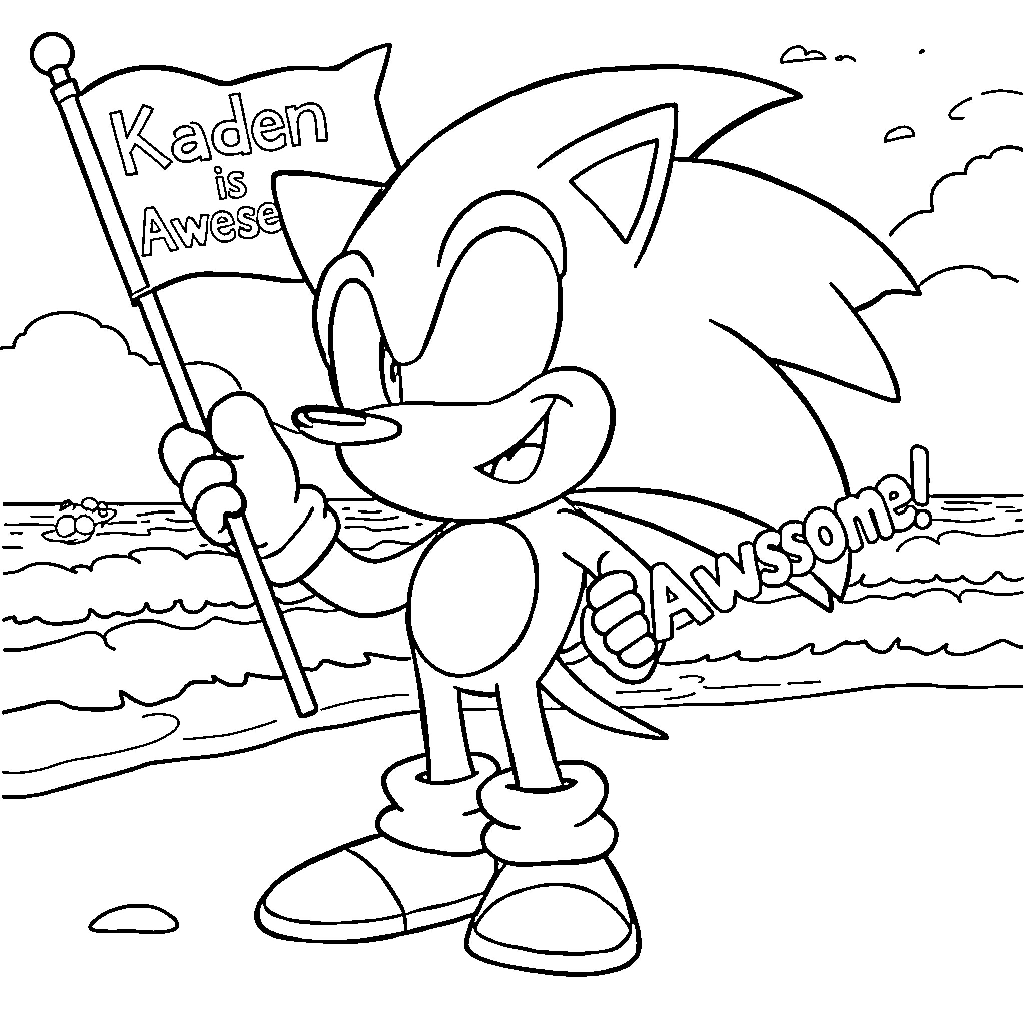 Sonic's Awesome Adventure with Kaden Coloring Page (free black-and-white line drawing printable PDF for all, from beginners to advanced learners, including children, teens, adults, and seniors)