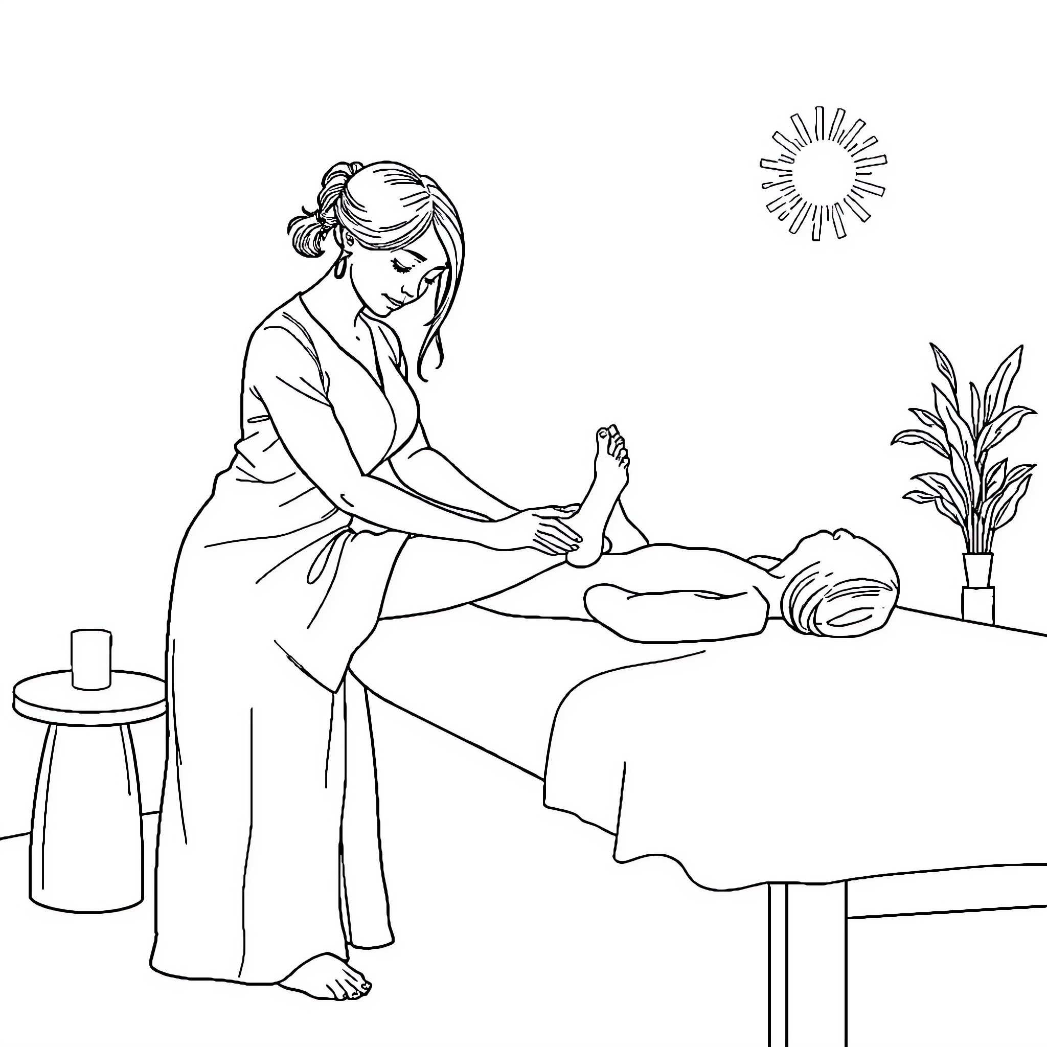 Masseur providing relaxing massage to client Coloring Page (free black-and-white line drawing printable PDF for all, from beginners to advanced learners, including children, teens, adults, and seniors)