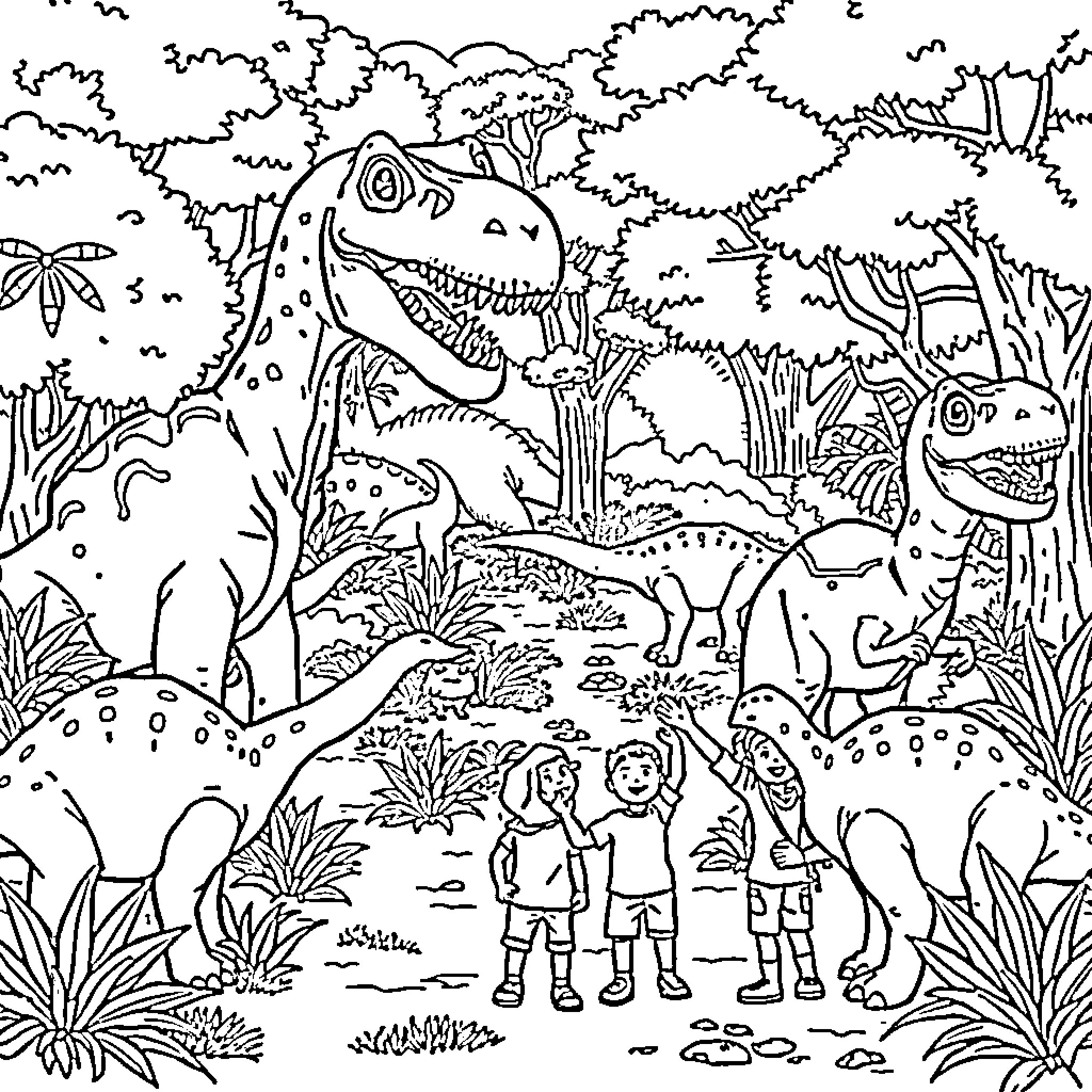 Dinosaur adventure in the lush jungle landscape Coloring Page (free black-and-white line drawing printable PDF for all, from beginners to advanced learners, including children, teens, adults, and seniors)