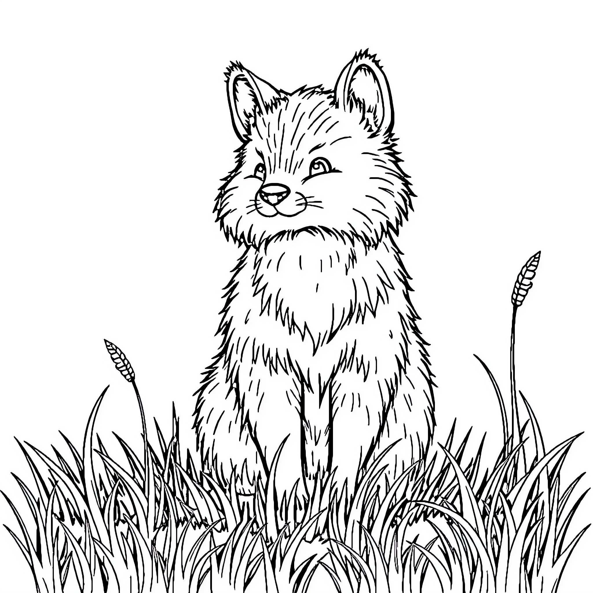 Animal sitting calmly in tall grass Coloring Page (free black-and-white line drawing printable PDF for all, from beginners to advanced learners, including children, teens, adults, and seniors)