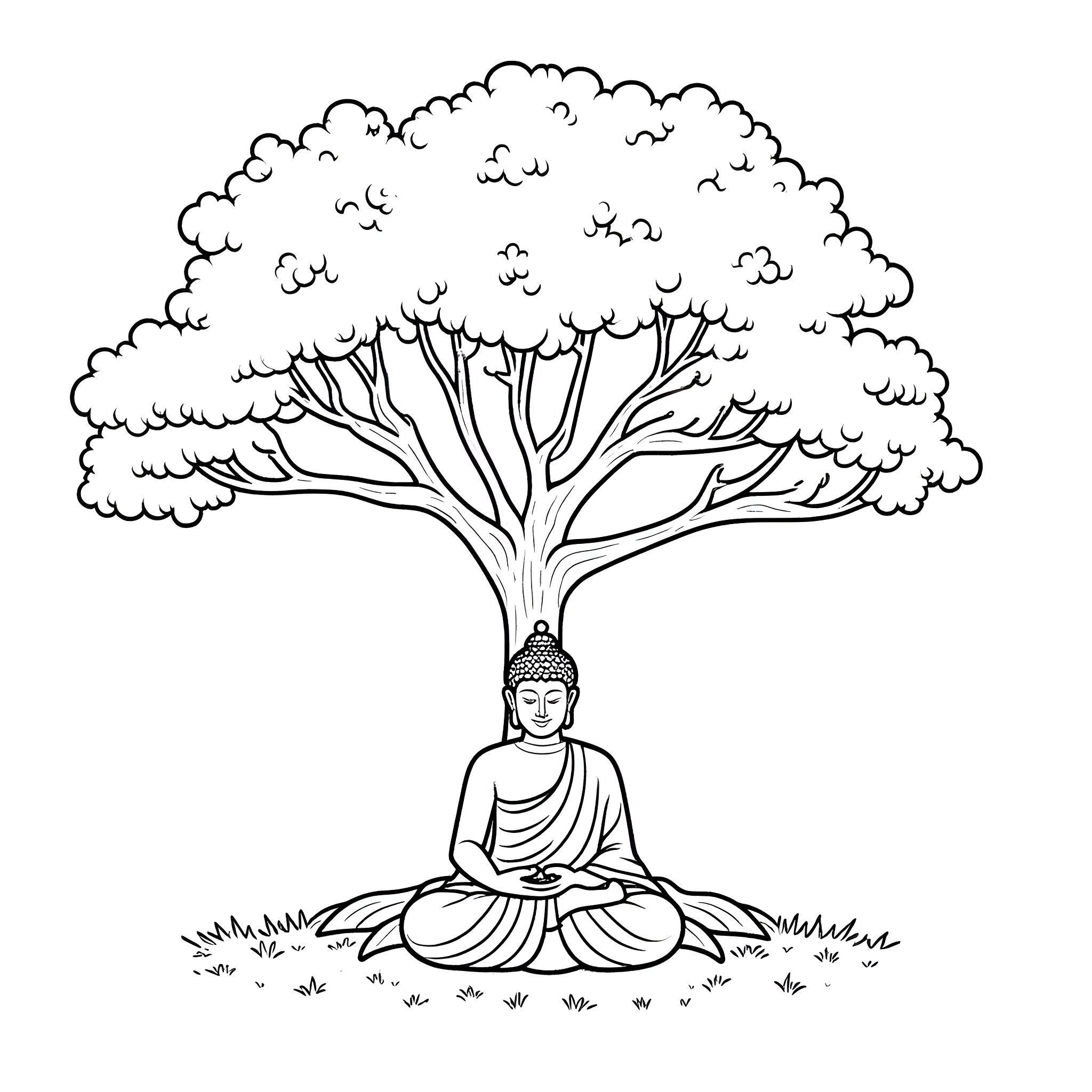 Buddha meditating under the spreading tree Coloring Page (free black-and-white line drawing printable PDF for all, from beginners to advanced learners, including children, teens, adults, and seniors)