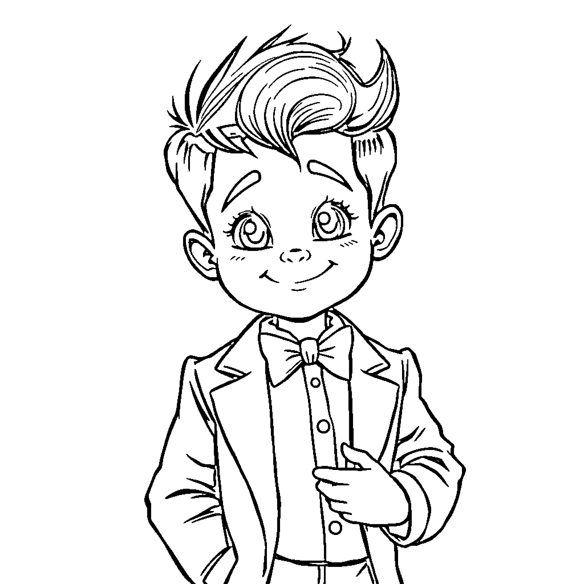 Child in a formal suit with a happy expression Coloring Page (free black-and-white line drawing printable PDF for all, from beginners to advanced learners, including children, teens, adults, and seniors)