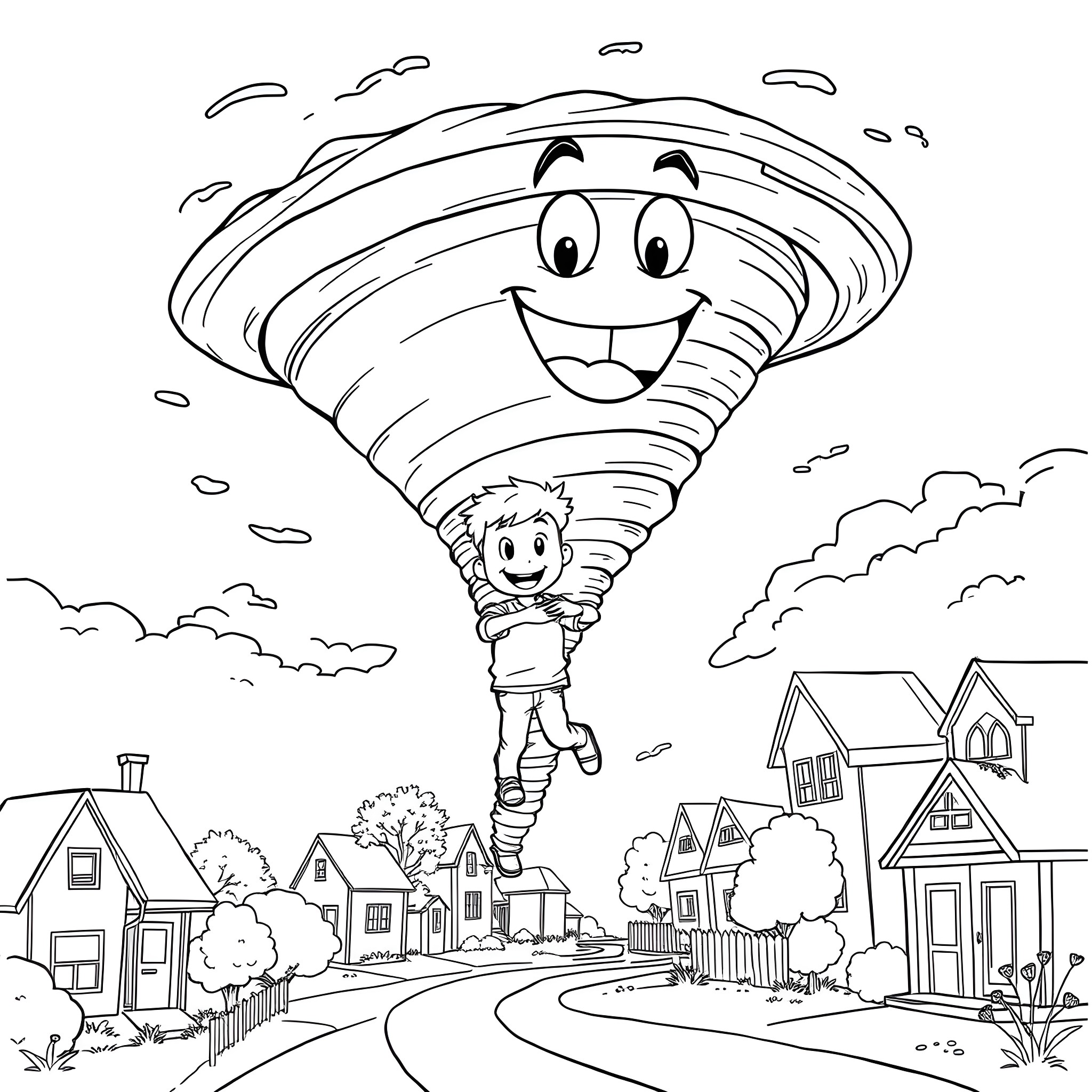 Tornado carrying a happy child through a neighborhood Coloring Page (free black-and-white line drawing printable PDF for all, from beginners to advanced learners, including children, teens, adults, and seniors)