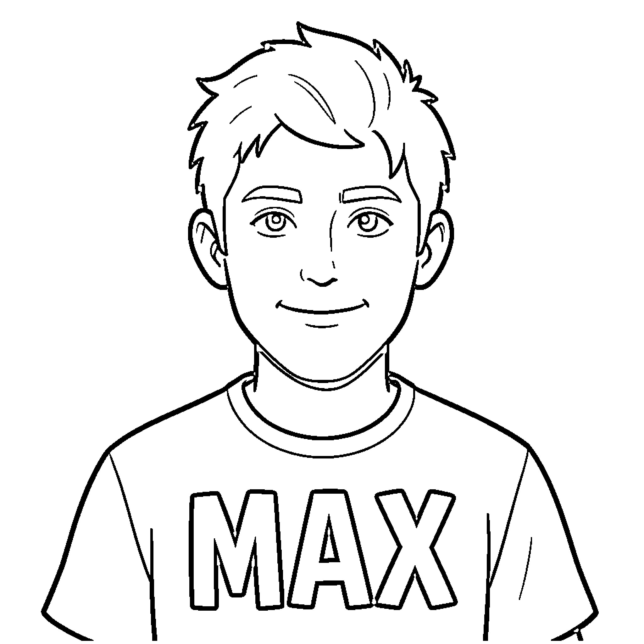 Max's Friendly Smile and Sports Attire Coloring Page (free black-and-white line drawing printable PDF for all, from beginners to advanced learners, including children, teens, adults, and seniors)