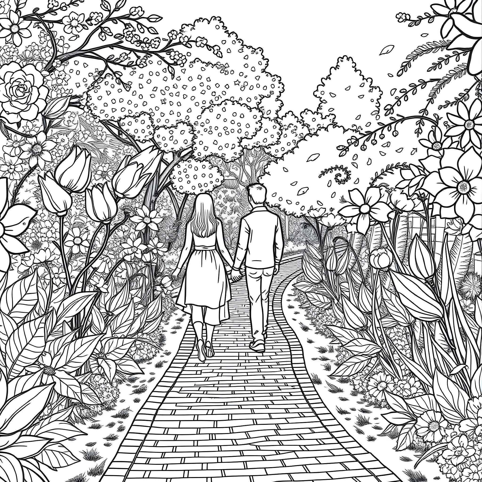 Flower Garden Path with Strolling Couple Coloring Page (free black-and-white line drawing printable PDF for all, from beginners to advanced learners, including children, teens, adults, and seniors)
