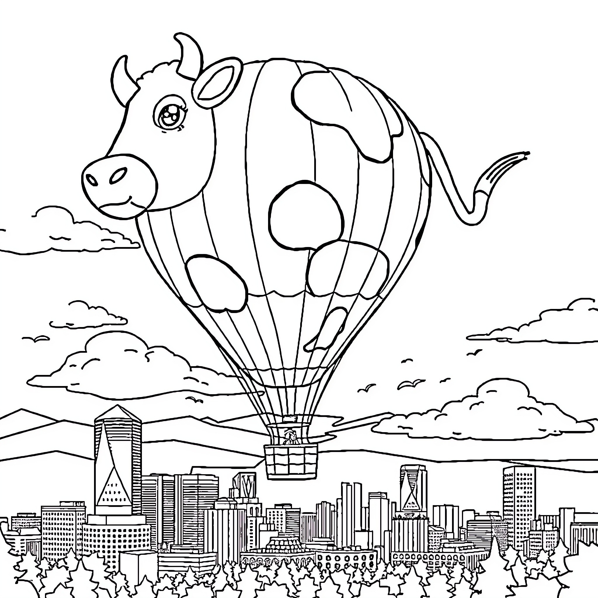 Hot Air Balloon Soaring Over Cityscape Coloring Page (free black-and-white line drawing printable PDF for all, from beginners to advanced learners, including children, teens, adults, and seniors)