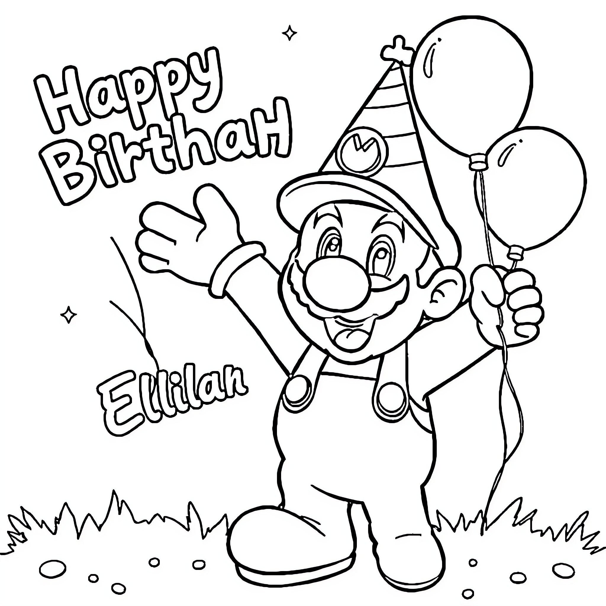 Super Mario celebrates happy birthday with balloons Coloring Page (free black-and-white line drawing printable PDF for all, from beginners to advanced learners, including children, teens, adults, and seniors)