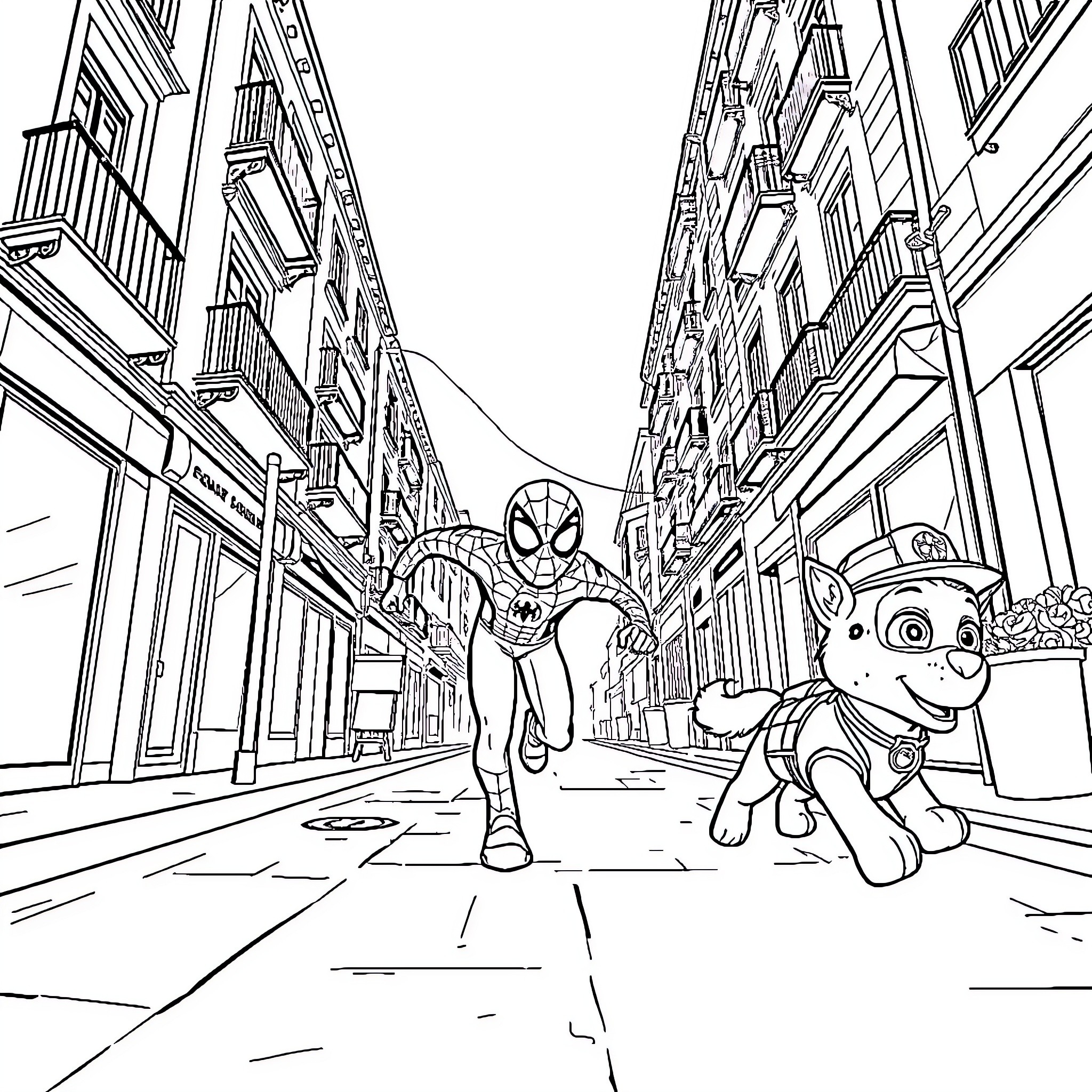 Spiderman swinging through the city with a canine companion Coloring Page (free black-and-white line drawing printable PDF for all, from beginners to advanced learners, including children, teens, adults, and seniors)