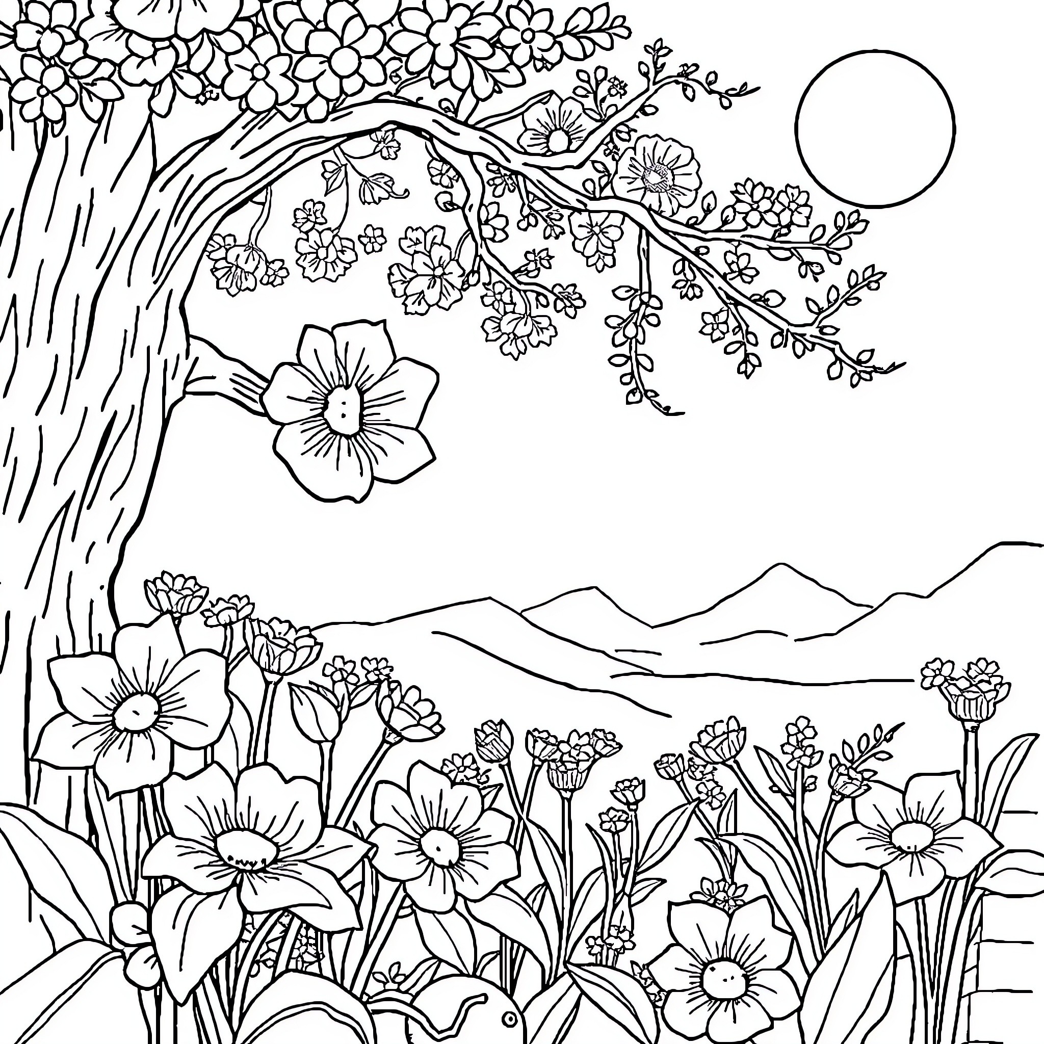 Anime Floral Garden with Mountain Scenery Coloring Page (free black-and-white line drawing printable PDF for all, from beginners to advanced learners, including children, teens, adults, and seniors)