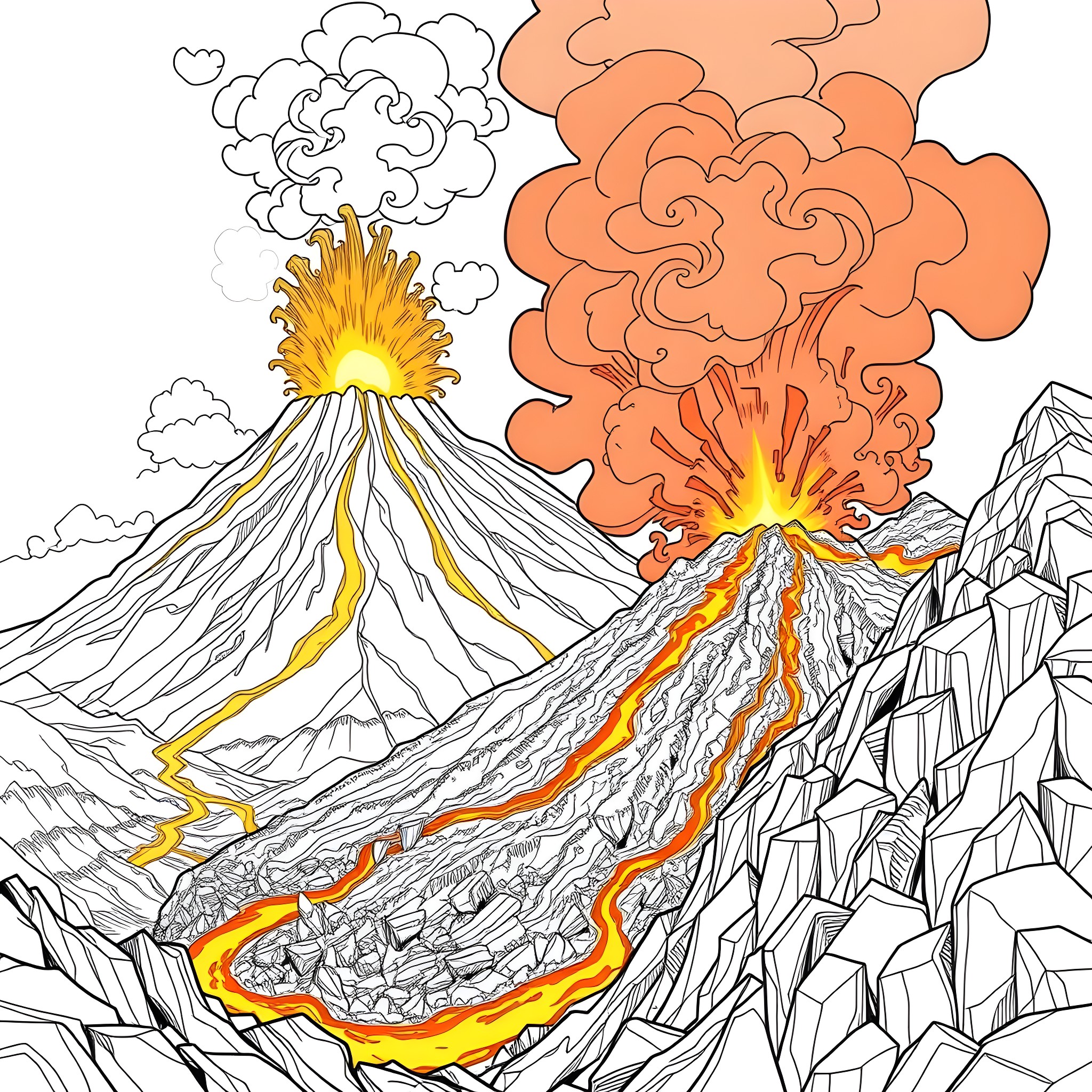 Volcano erupting with dramatic smoke and lava flows Coloring Page (free black-and-white line drawing printable PDF for all, from beginners to advanced learners, including children, teens, adults, and seniors)