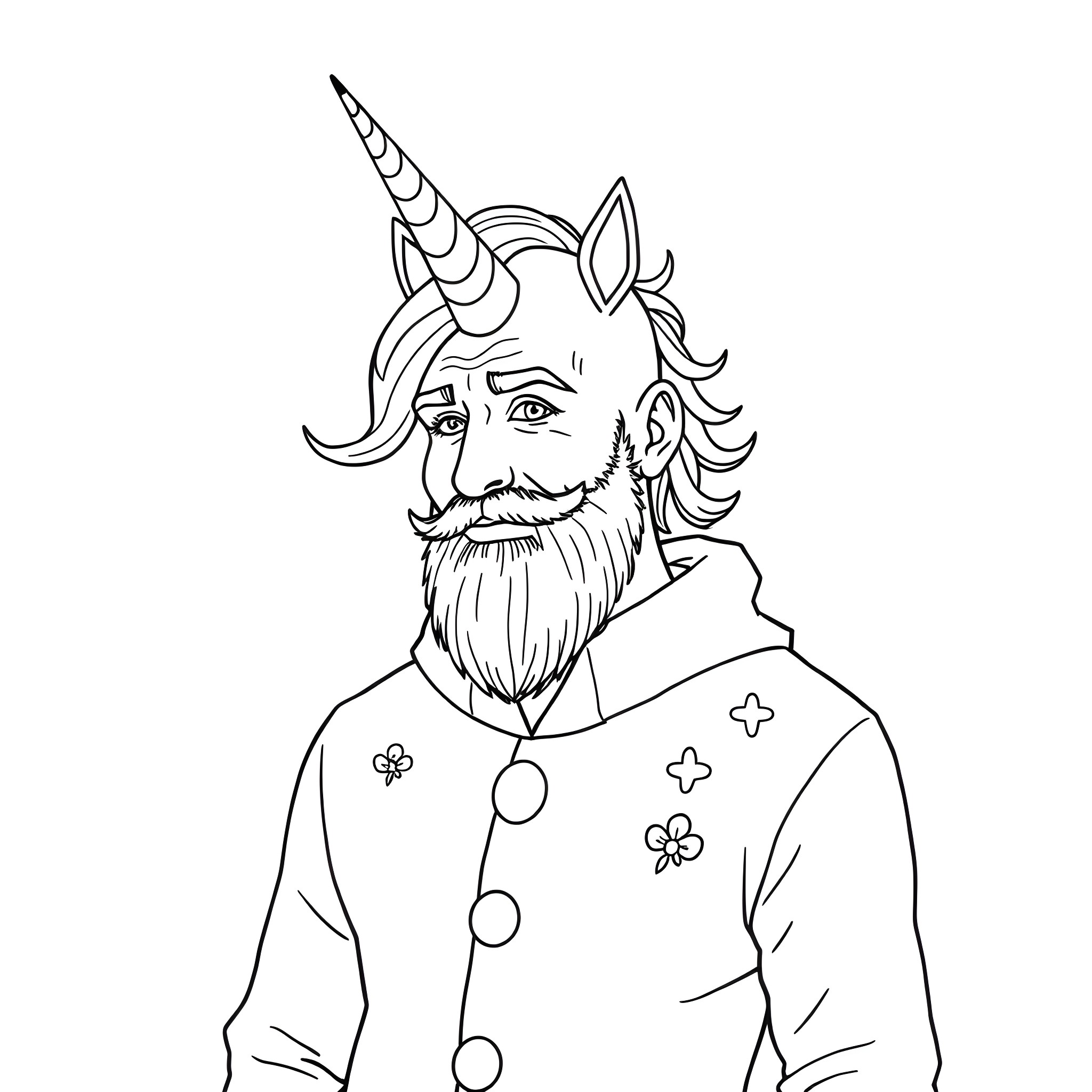 Man with a unicorn horn and beard in a whimsical outfit Coloring Page (free black-and-white line drawing printable PDF for all, from beginners to advanced learners, including children, teens, adults, and seniors)