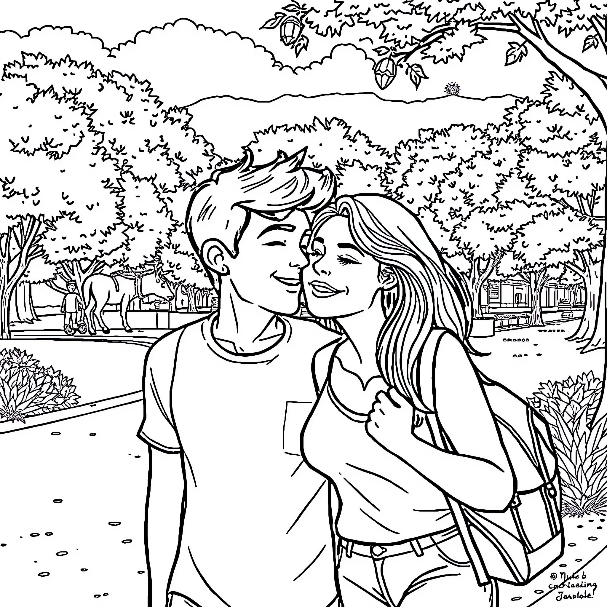 Mike and his girlfriend enjoy a romantic stroll through the park Coloring Page (free black-and-white line drawing printable PDF for all, from beginners to advanced learners, including children, teens, adults, and seniors)