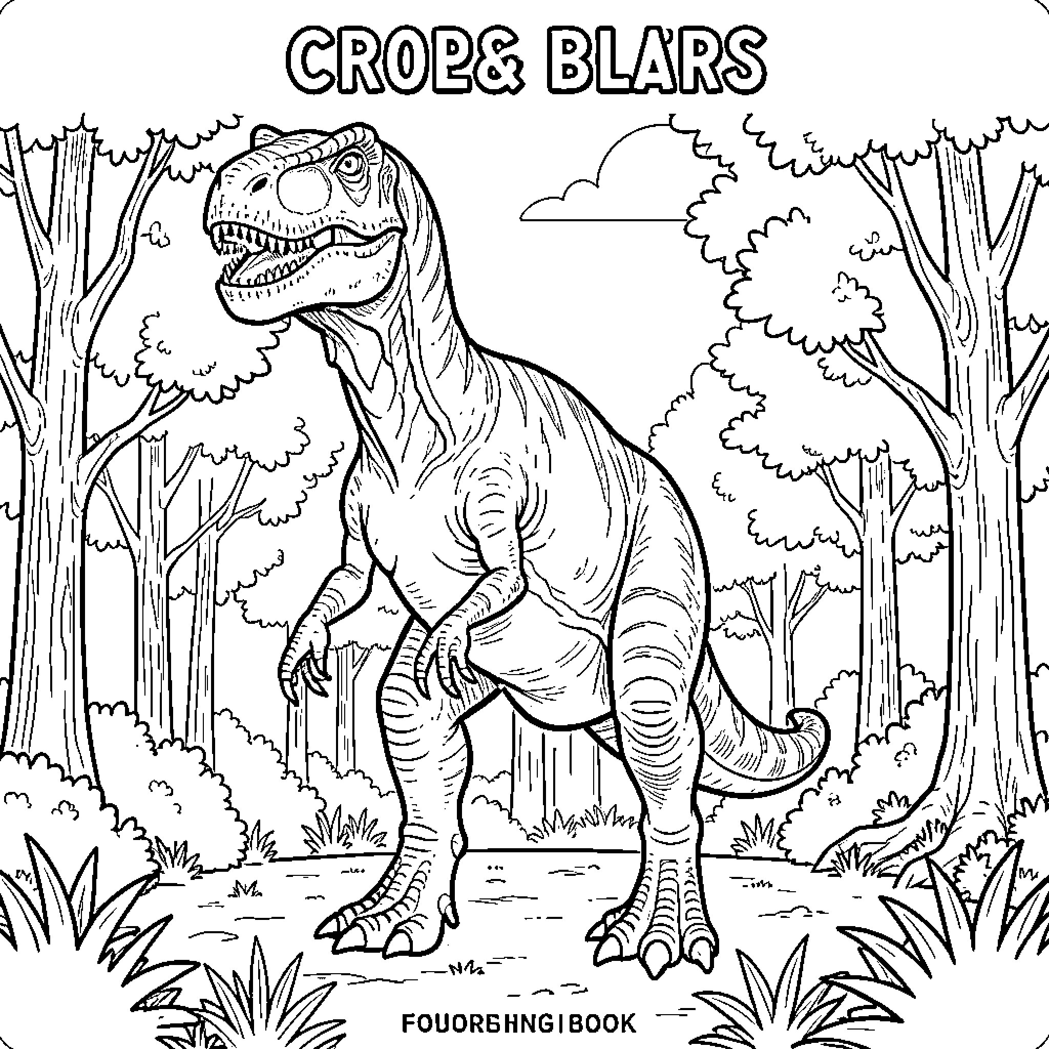 Dinosaur roaring in forest wilderness Coloring Page (free black-and-white line drawing printable PDF for all, from beginners to advanced learners, including children, teens, adults, and seniors)