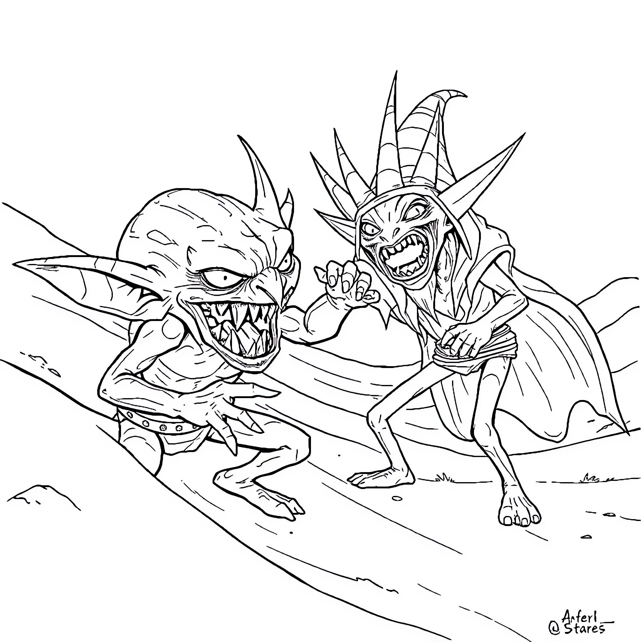 Goblin Monsters Engaged in Intense Battle Coloring Page (free black-and-white line drawing printable PDF for all, from beginners to advanced learners, including children, teens, adults, and seniors)