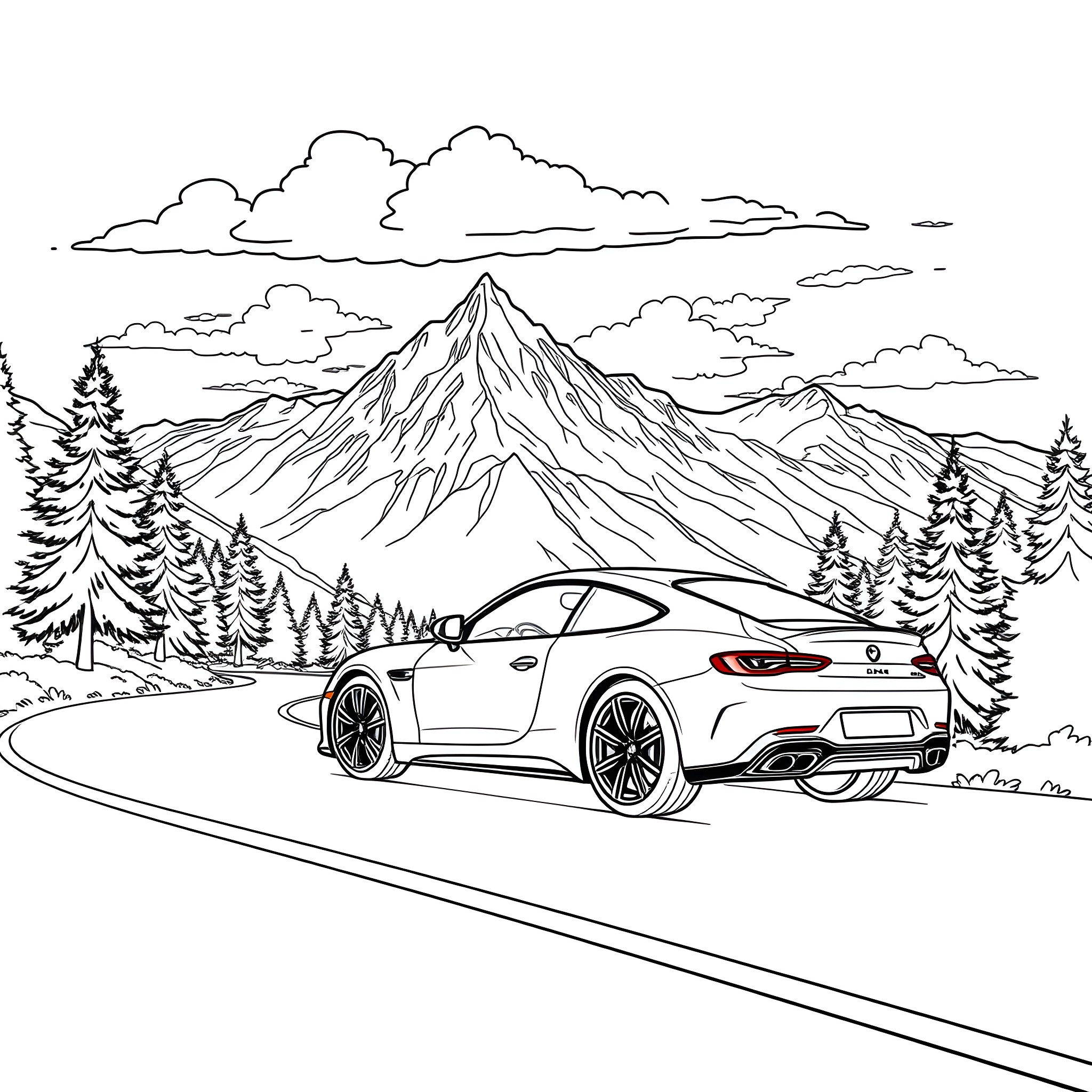 Car driving through scenic mountain landscape Coloring Page (free black-and-white line drawing printable PDF for all, from beginners to advanced learners, including children, teens, adults, and seniors)