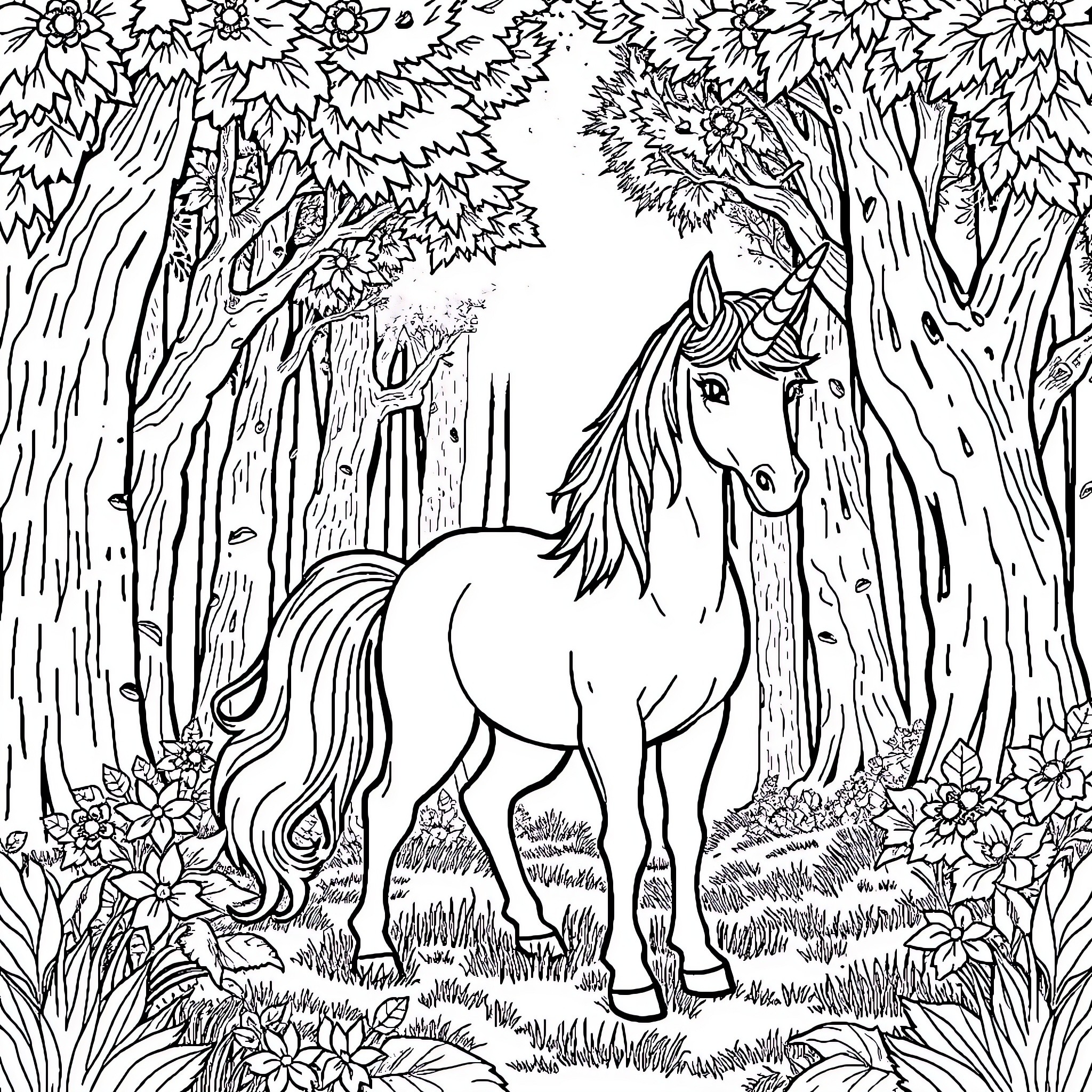 Unicorn standing gracefully in enchanted forest Coloring Page (free black-and-white line drawing printable PDF for all, from beginners to advanced learners, including children, teens, adults, and seniors)